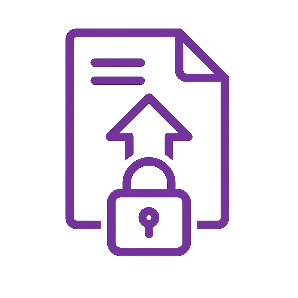Icon of a document with an upward arrow, a padlock, and lines indicating text, in purple.