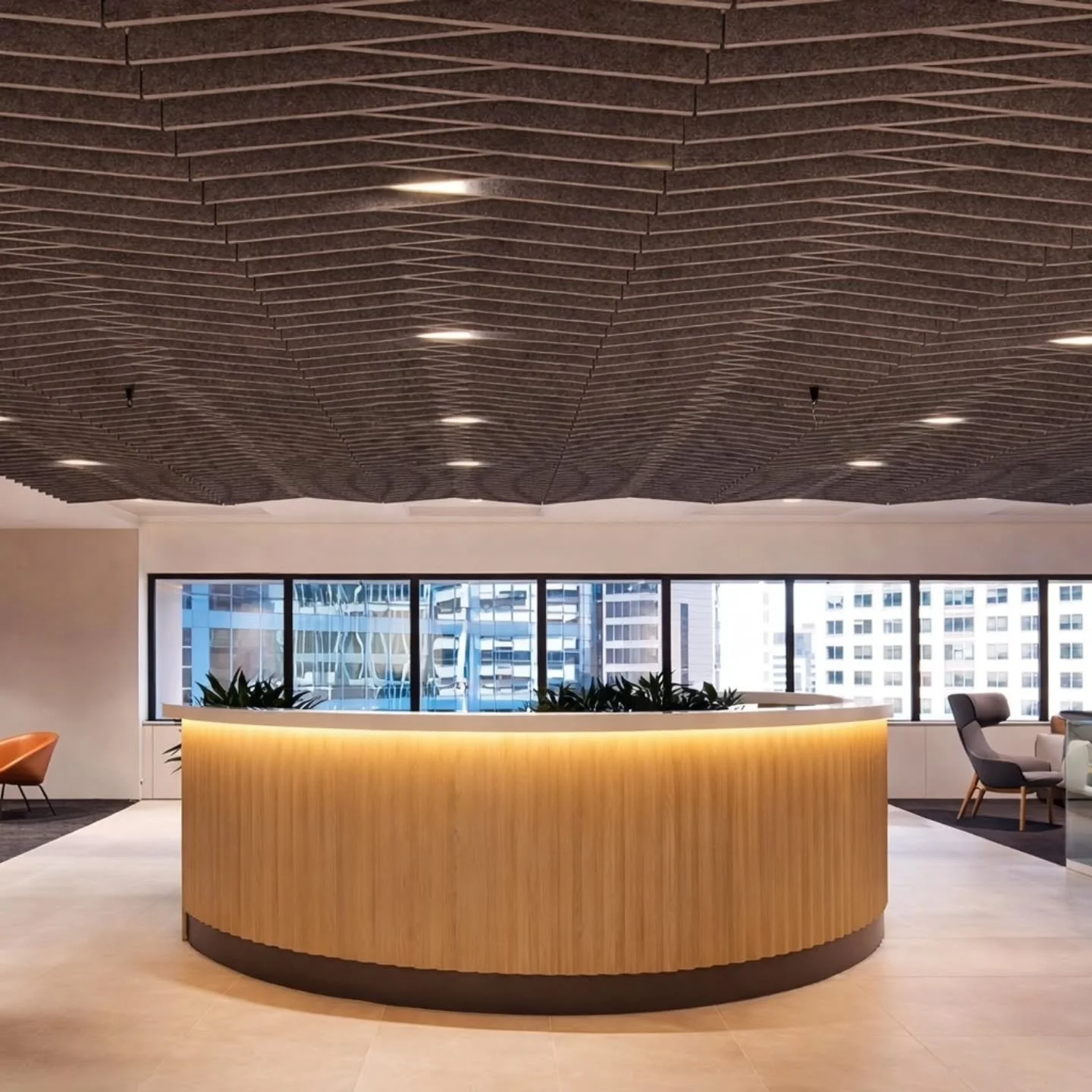 Instyle Ecoustic Sculpt Taper is adding a visual feature with superior acoustics into this office space. Minimal designs with large areas of windows &amp; glass partitions often need special care in the use of acoustic finishes. This is clearly the c