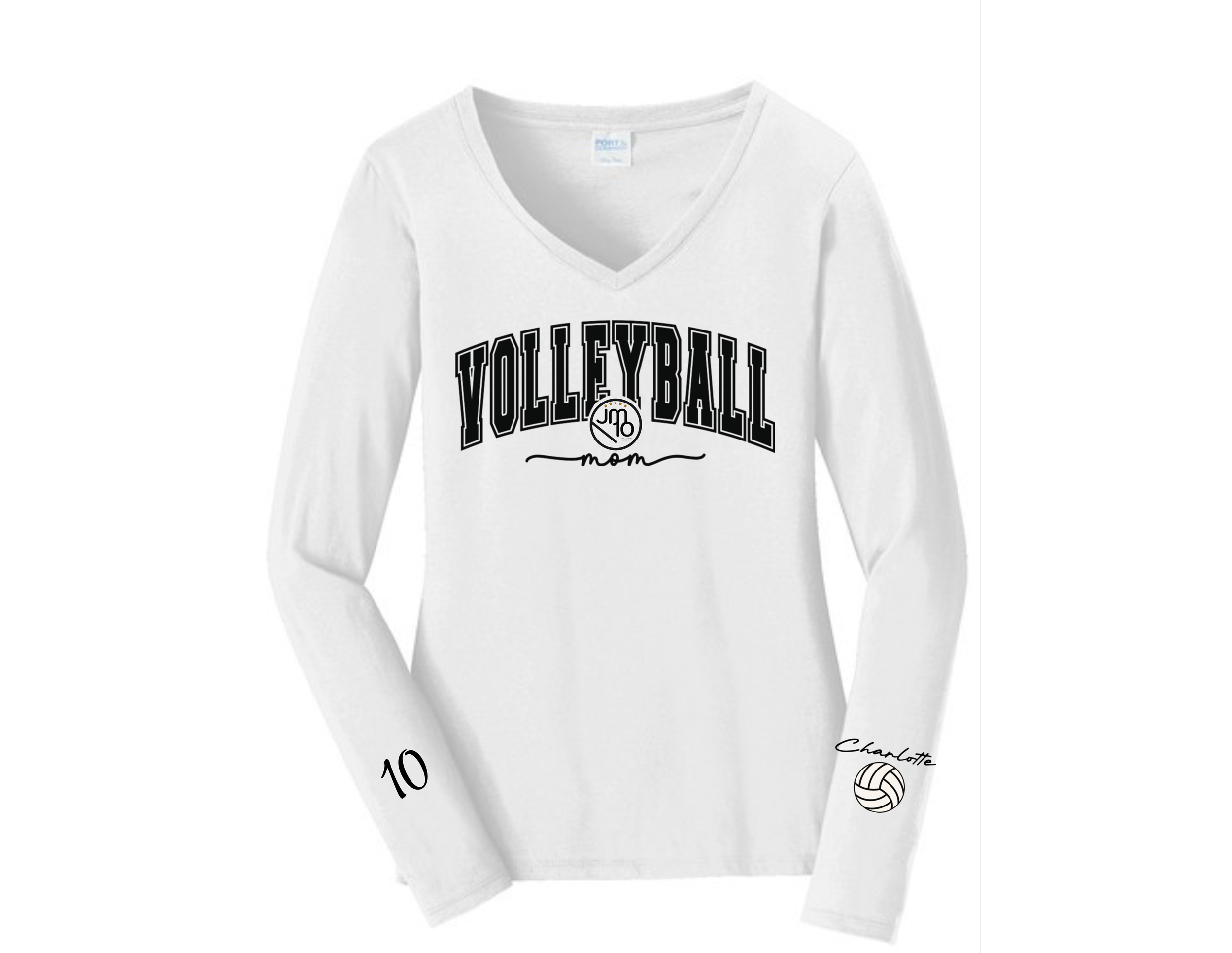 White Volleyball Mom Ladies Long Sleeve V-Neck