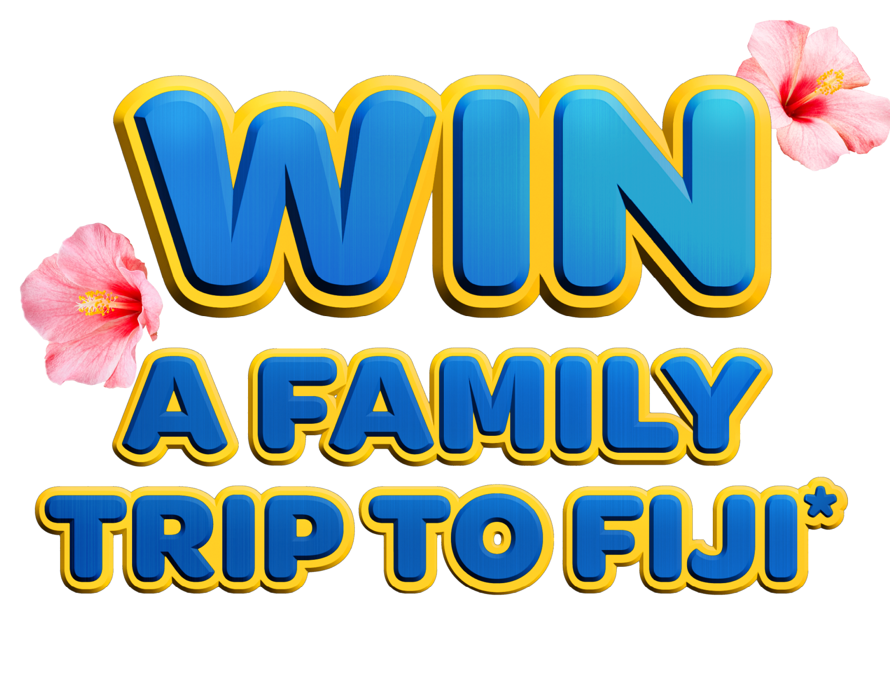 Colorful text reading "WIN A FAMILY TRIP TO EJJ" with pink hibiscus flowers on the sides.