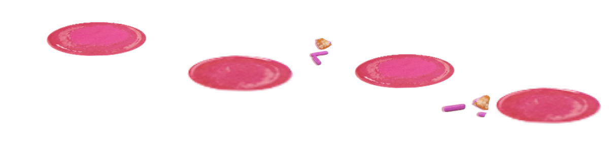 Close-up of a video game scene showing pink and purple elements, with some floating circular pink shapes and a small object resembling a piece of food.