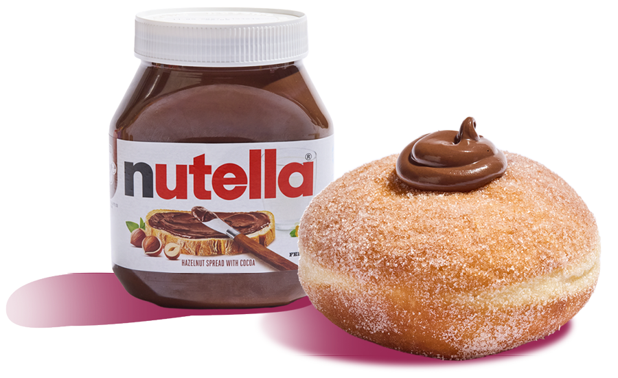 A jar of Nutella hazelnut spread with cocoa and a sprinkled donut topped with Nutella
