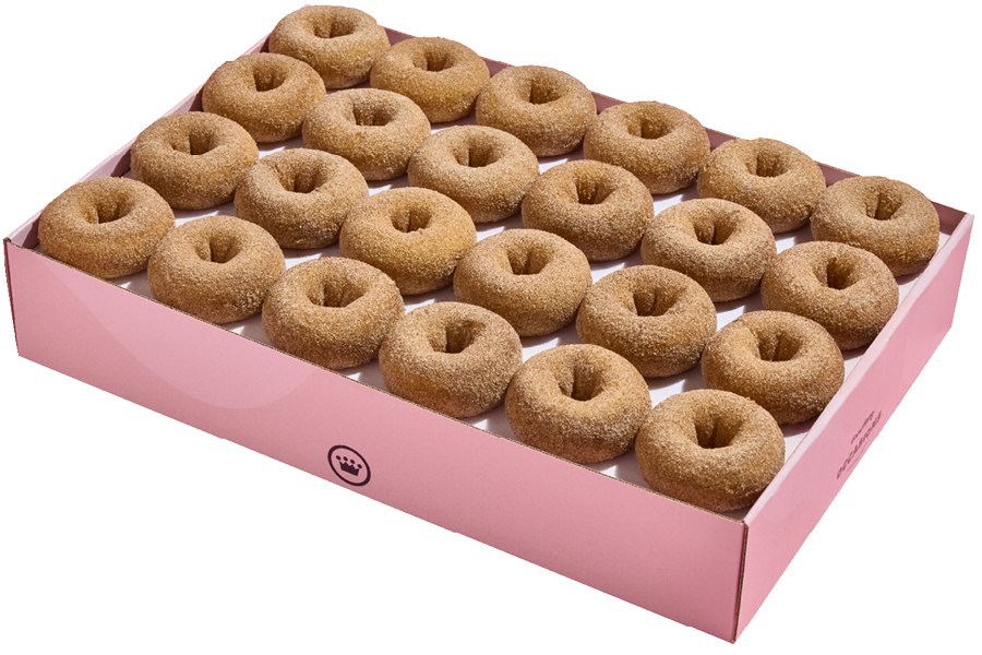 Pink box filled with glazed donuts arranged in four rows.