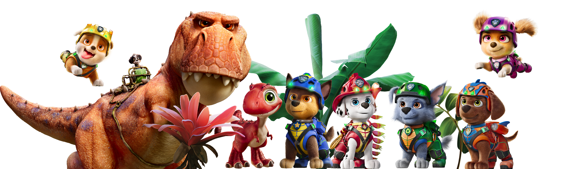 Animated characters from PAW Patrol in travel gear, including a T-Rex and a butterfly, with green plants in the background.