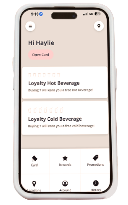 Mobile app screen displaying a loyalty program for beverage purchases, with sections for hot and cold drinks, and navigation icons at the bottom for card, rewards, promotions, locations, account, and history.