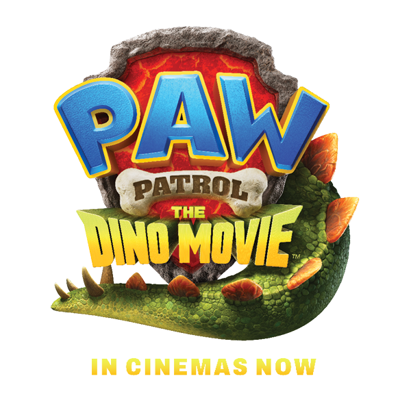 Logo for the animated movie 'PAW Patrol: The Dino Movie' featuring colorful text, a dinosaur tail, and rocks with the 'PAW Patrol' logo.