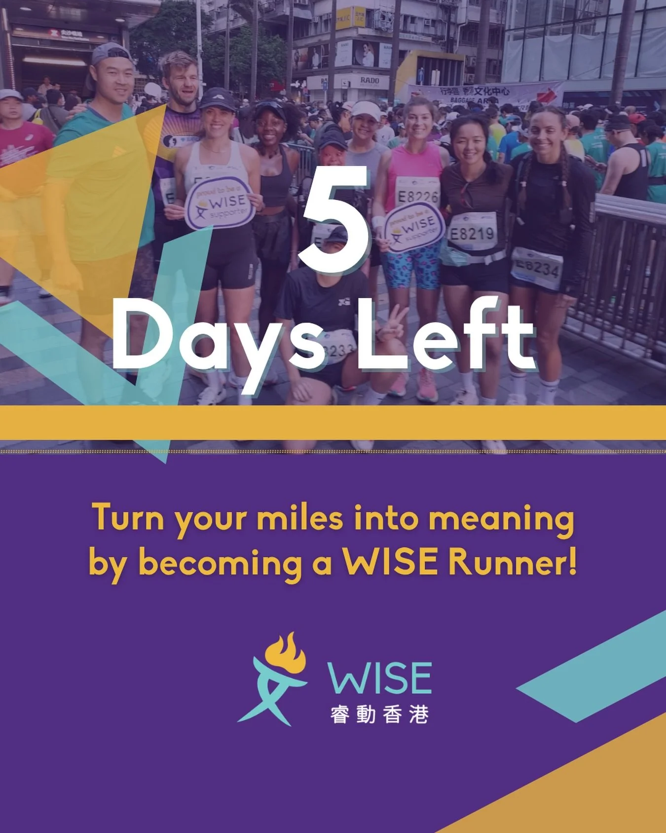 ➡️ 5 days left to run for WISE at #SCHKM2027🏃&zwj;♀️🏃&zwj;♂️

Ready to make every mile count? WISE has secured 30 exclusive charity spots for the Full and Half Marathon &mdash; and applications close on October 4!

Join us as a WISE Runner and dire