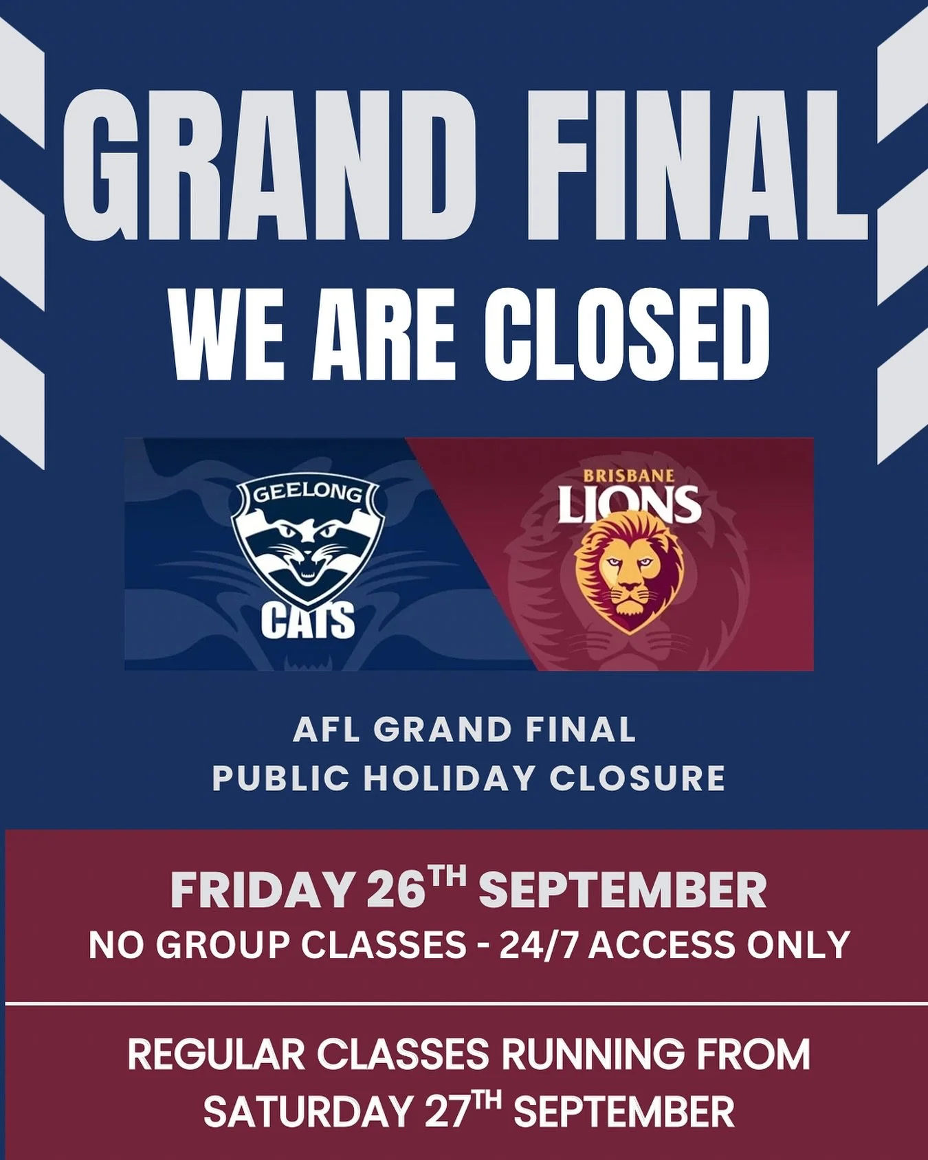 🏉 AFL Grand Final Day Closure 🏉

We&rsquo;ll be closed on Friday 26th September for the public holiday, so there&rsquo;ll be no group classes running.

💡 24/7 gym access is still available, so you can train anytime!

Regular classes will resume as
