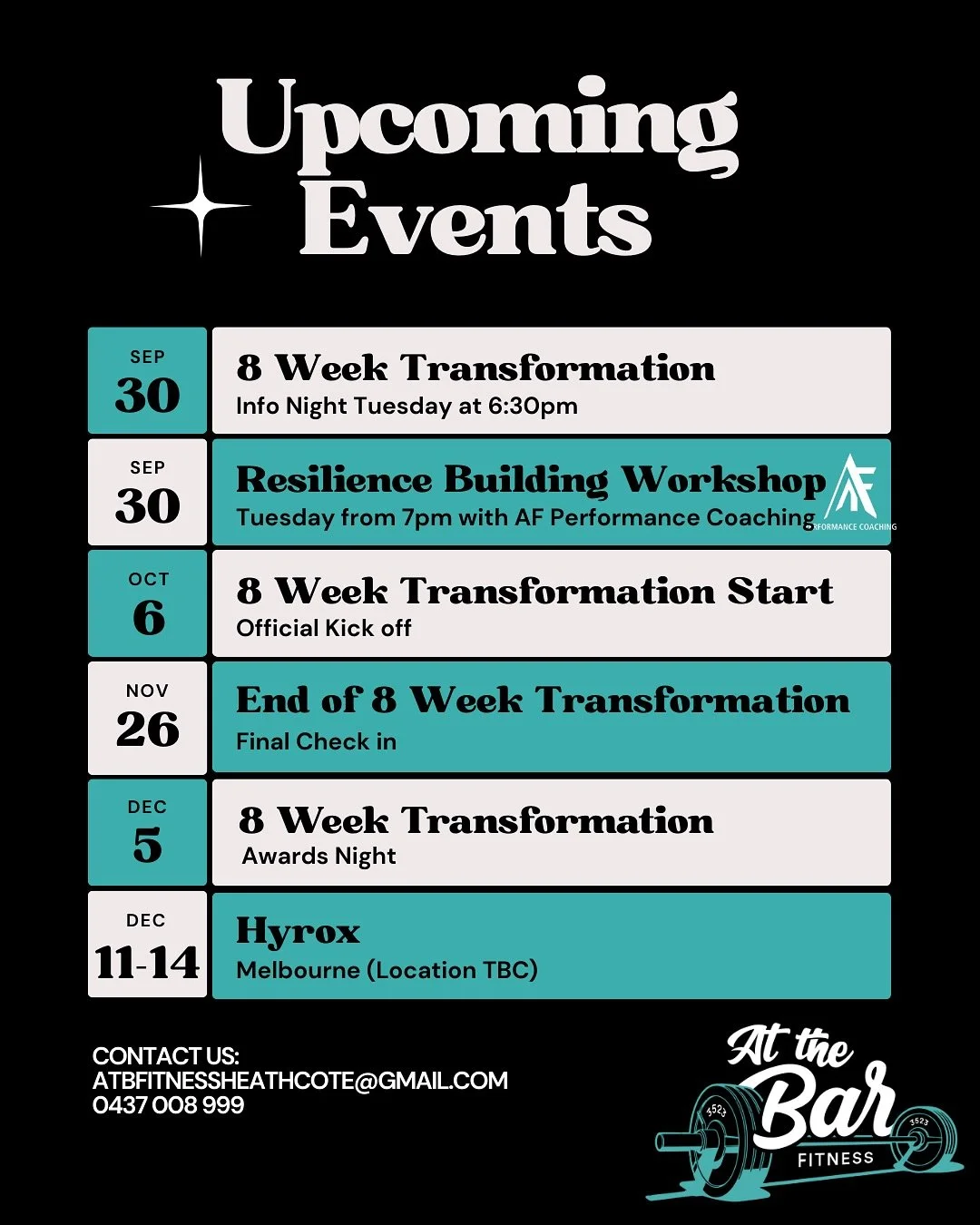 ✨ Big things are coming up for At The Bar Fitness! ✨

🗓️ Sept 30 &ndash; 8 Week Transformation Info Night (6:30pm)
🗓️ Sept 30 &ndash; Resilience Building Workshop (7pm) @af_performance_coaching 
🗓️ Oct 6 &ndash; 8 Week Transformation officially ki