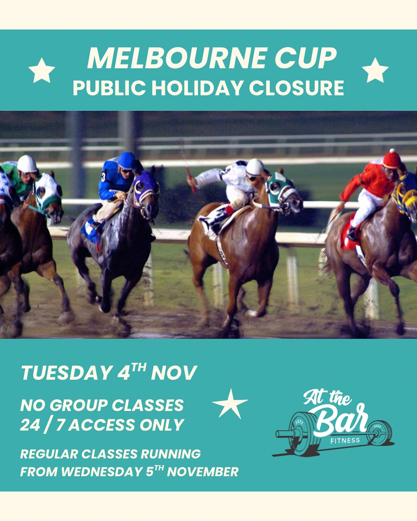Friendly reminder no group classes will be running on Tuesday 4th November, as we are closed for Melbourne Cup Day 🐎 

Regular classes will be running on Monday 3rd &amp; will recommence from Wednesday 5th November. 

Have a great weekend! ☀️ 

#att