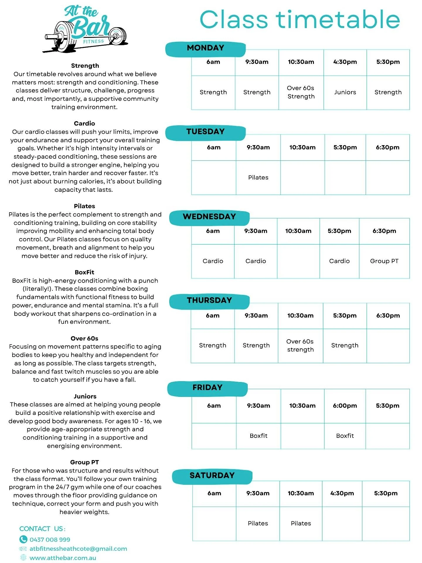Don&rsquo;t know what to do in the gym? No worries - we do! Come and join one of classes and let us plan the workout for you! 

Supportive community, qualified trainers and workouts that can be tailored to any level. 

$20 for a casual pass. Discount