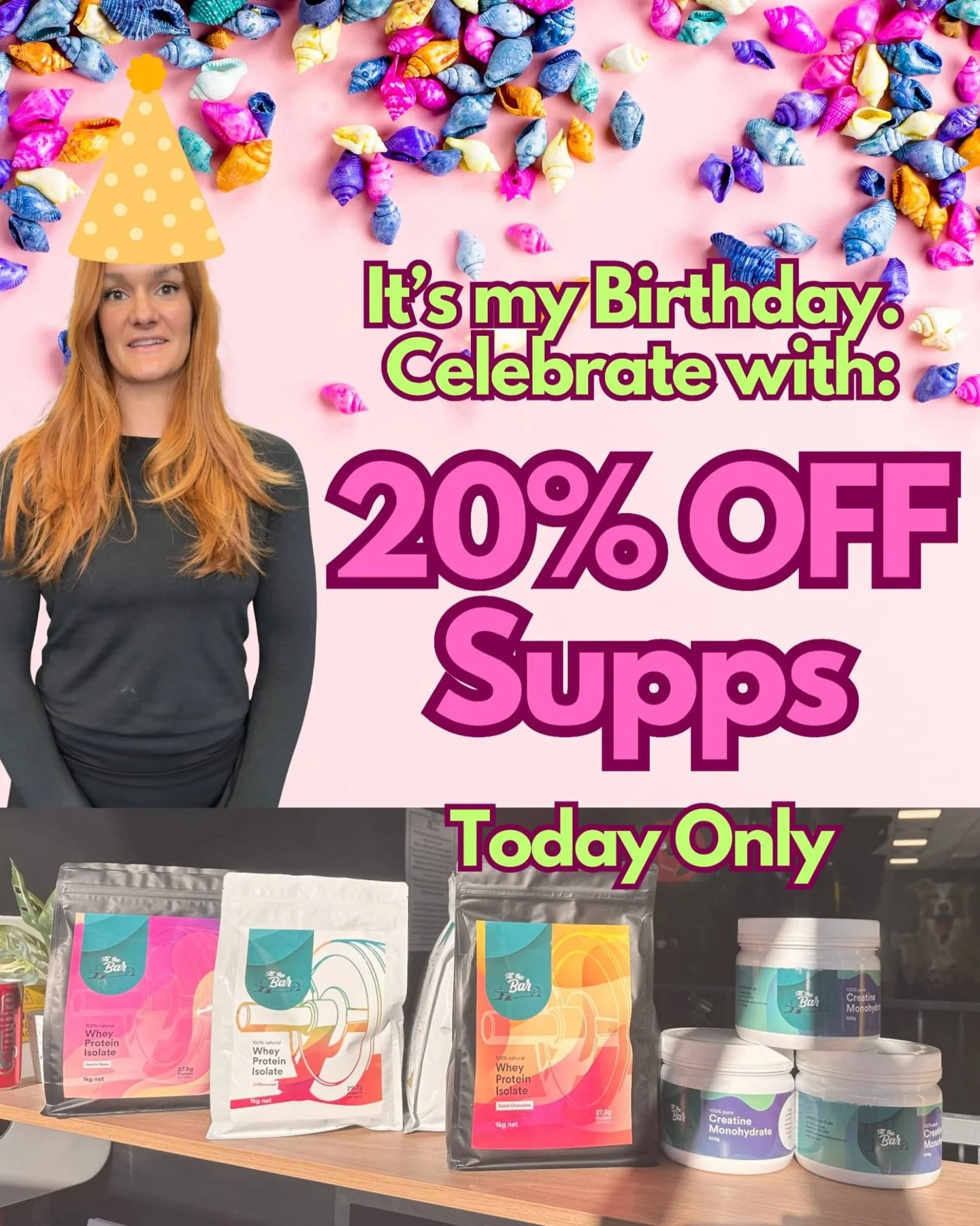 🎉 It&rsquo;s my BIRTHDAY! 🎉
To celebrate, we&rsquo;re giving YOU 20% off all supplements today only!
Stock up on your protein &amp; creatine 👀
Use code Birthday in the app before 7pm tonight
Or come in and see one of us around classes!