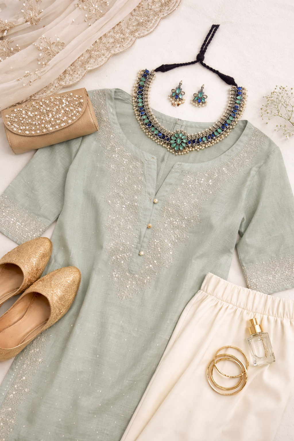 Blue Stone Oxidized Silver Necklace Set Simple Kurta OutfitLay.png