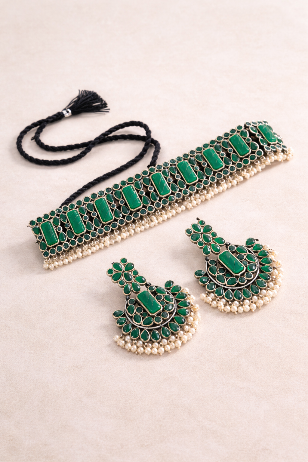 Green Oxidized Silver Choker Set