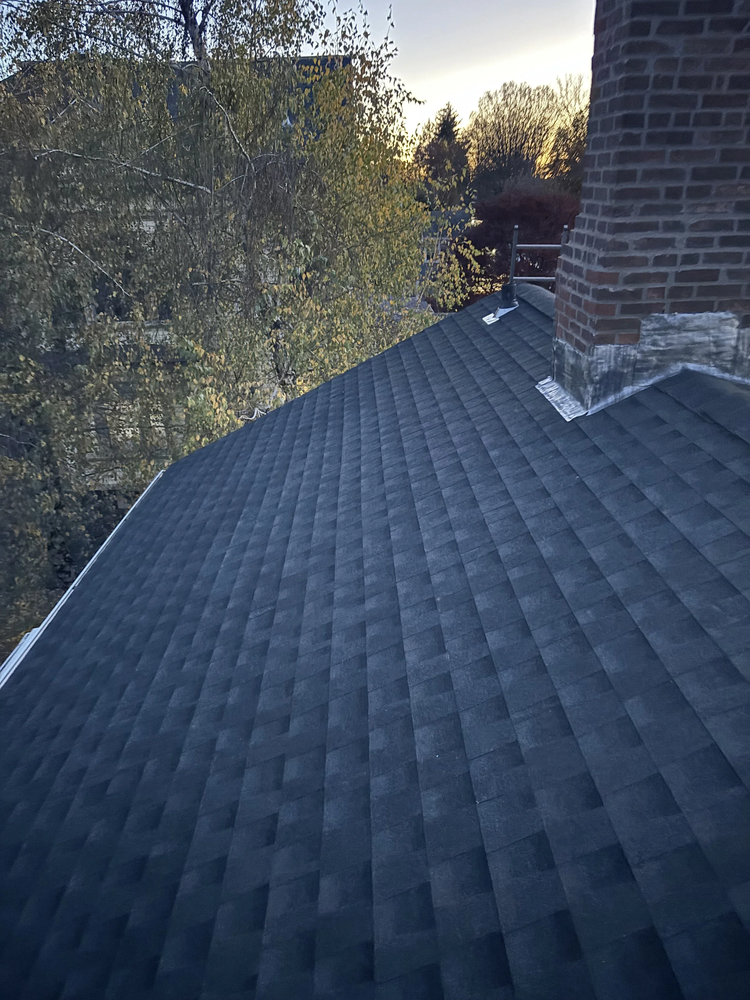 View of a dark-colored shingled roof on a house with a brick chimney, trees in the background, and the sky during sunset or sunrise.