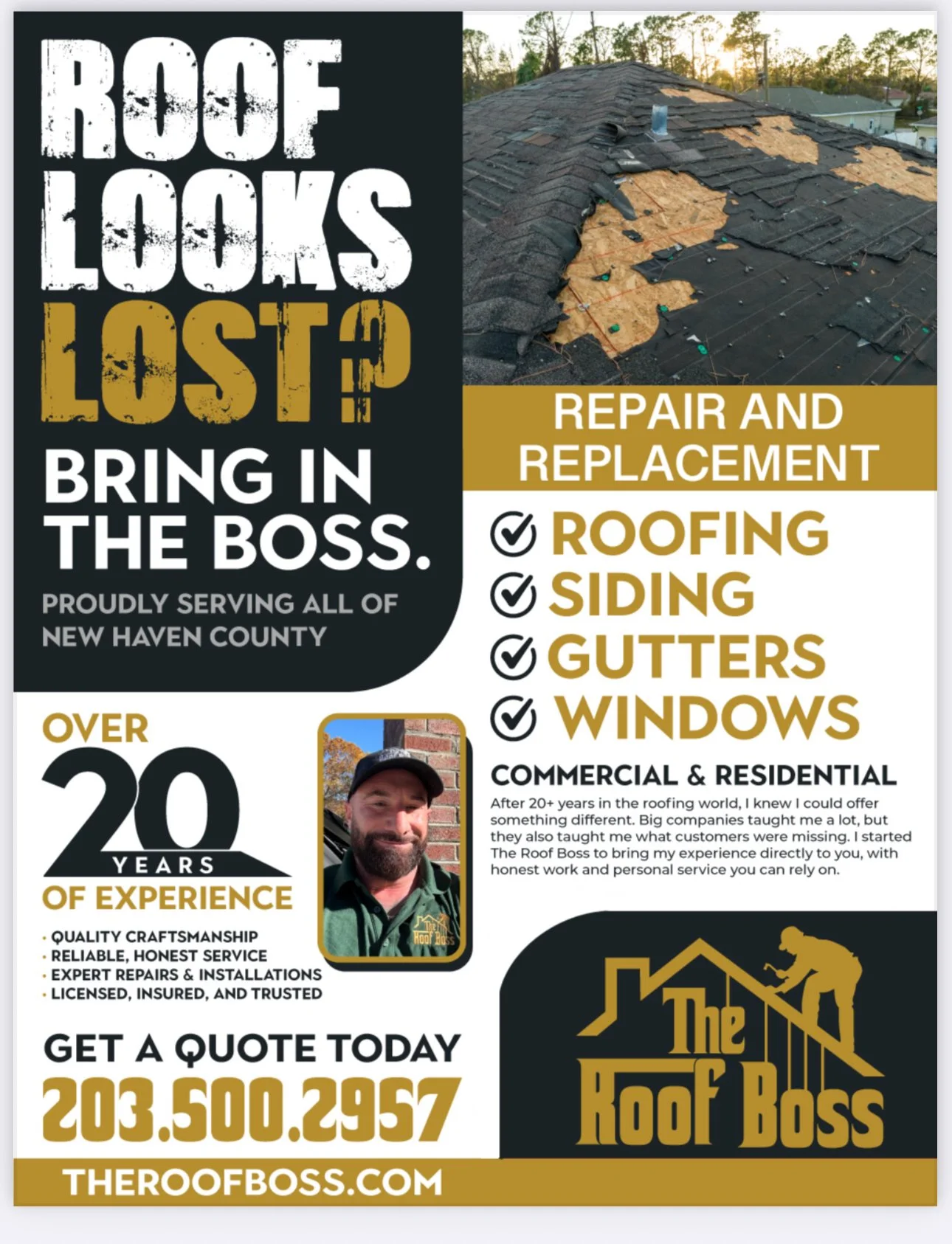 Flyer advertising roofing and repair services from The Roof Boss, showing a damaged roof and a company logo with a roofing worker silhouette. Includes contact info, experience, and service details.