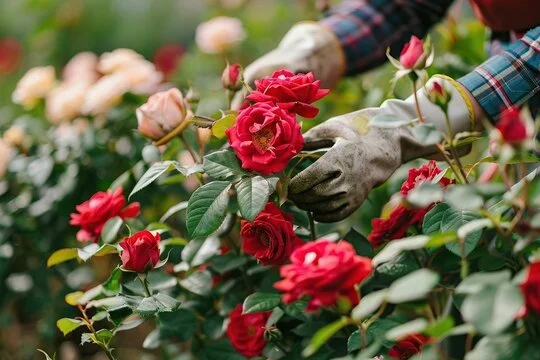 Hands in gardening gloves tending to blooming red and pink roses in a garden.