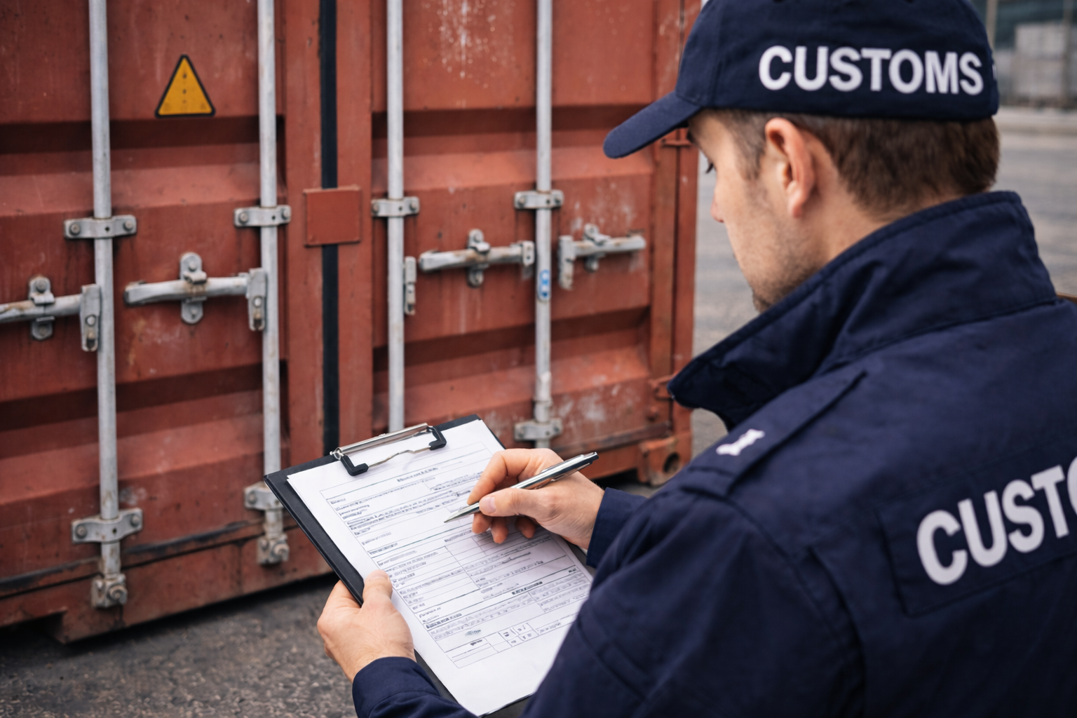 An image of a customs agent inspecting a crate.