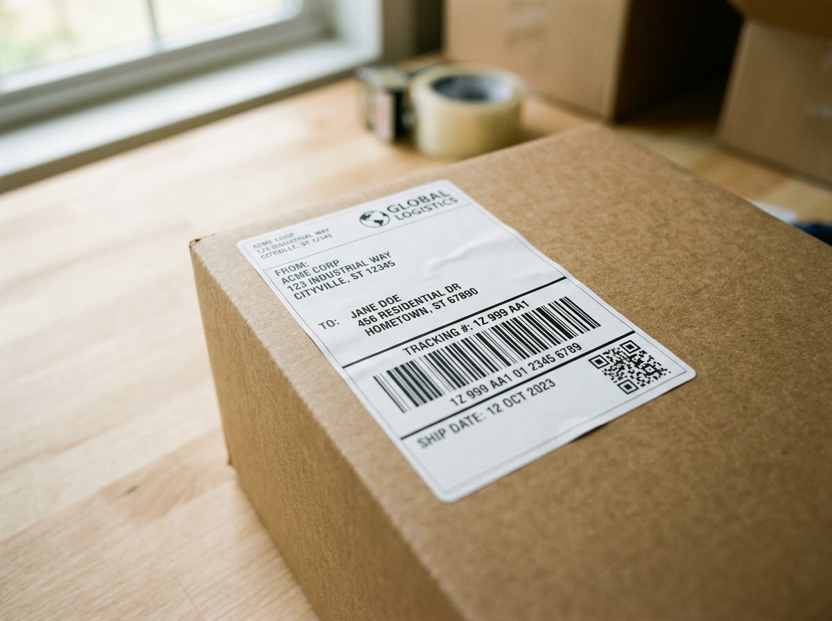 Image of a standard shipping label ready for domestic shipping.