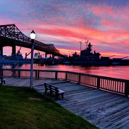 Night image of the famous battle ships in  the Fall River harbor.