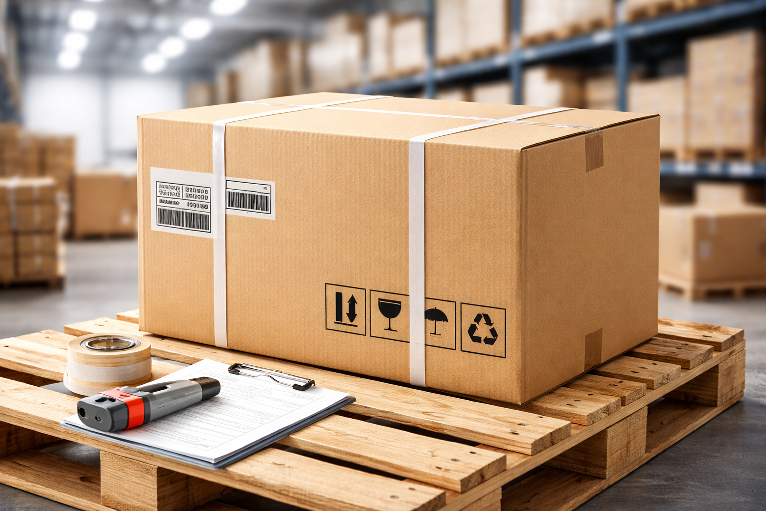 An image of a domestic shipping box on a wooden crate.