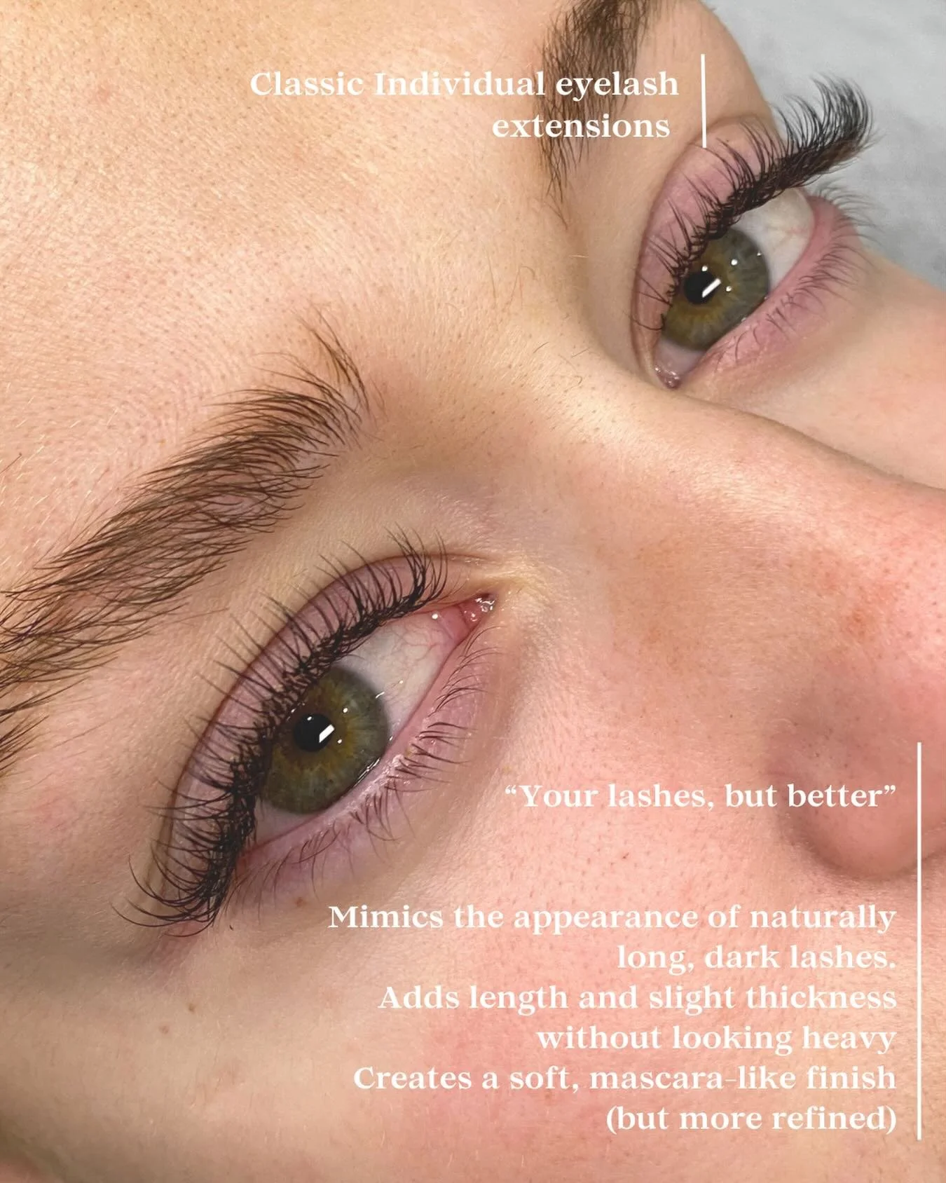 Bring your Lash game back to Basics 
With

INDIVIDUAL Classic Eyelash Extension 💕

&ldquo;Your lashes, but better&rdquo;

&bull;Lashes that a placed individually on each eyelash and Mimics the appearance of naturally long, dark lashes.
&bull;Adds le