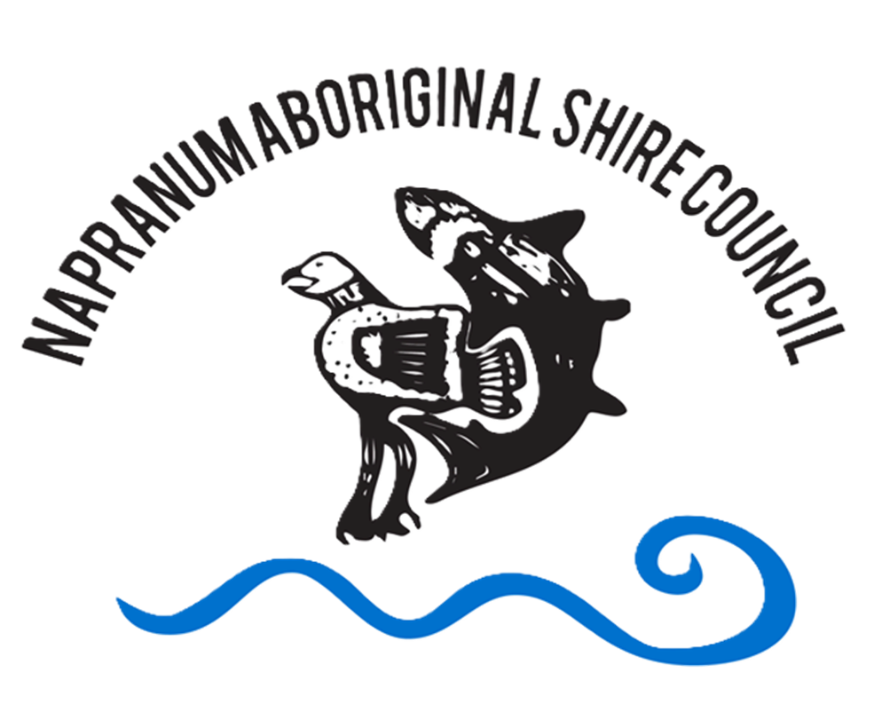 Logo of the Napanoisnumaboriginial Shire Council featuring a stylized black bear head with open mouth, and blue wavy line below, with the council's name curved above.