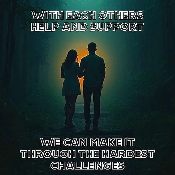 Silhouettes of a man and woman holding hands while walking on a path through a forest at sunset, with motivational text about support and overcoming challenges.