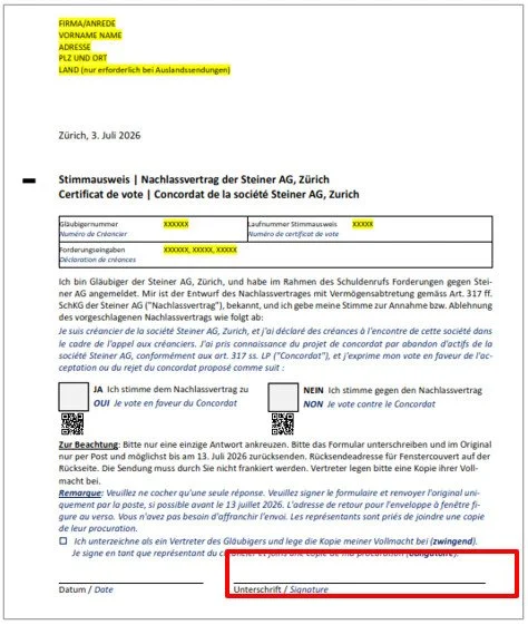 Stimmausweis Nachlassvertrag Steiner AG