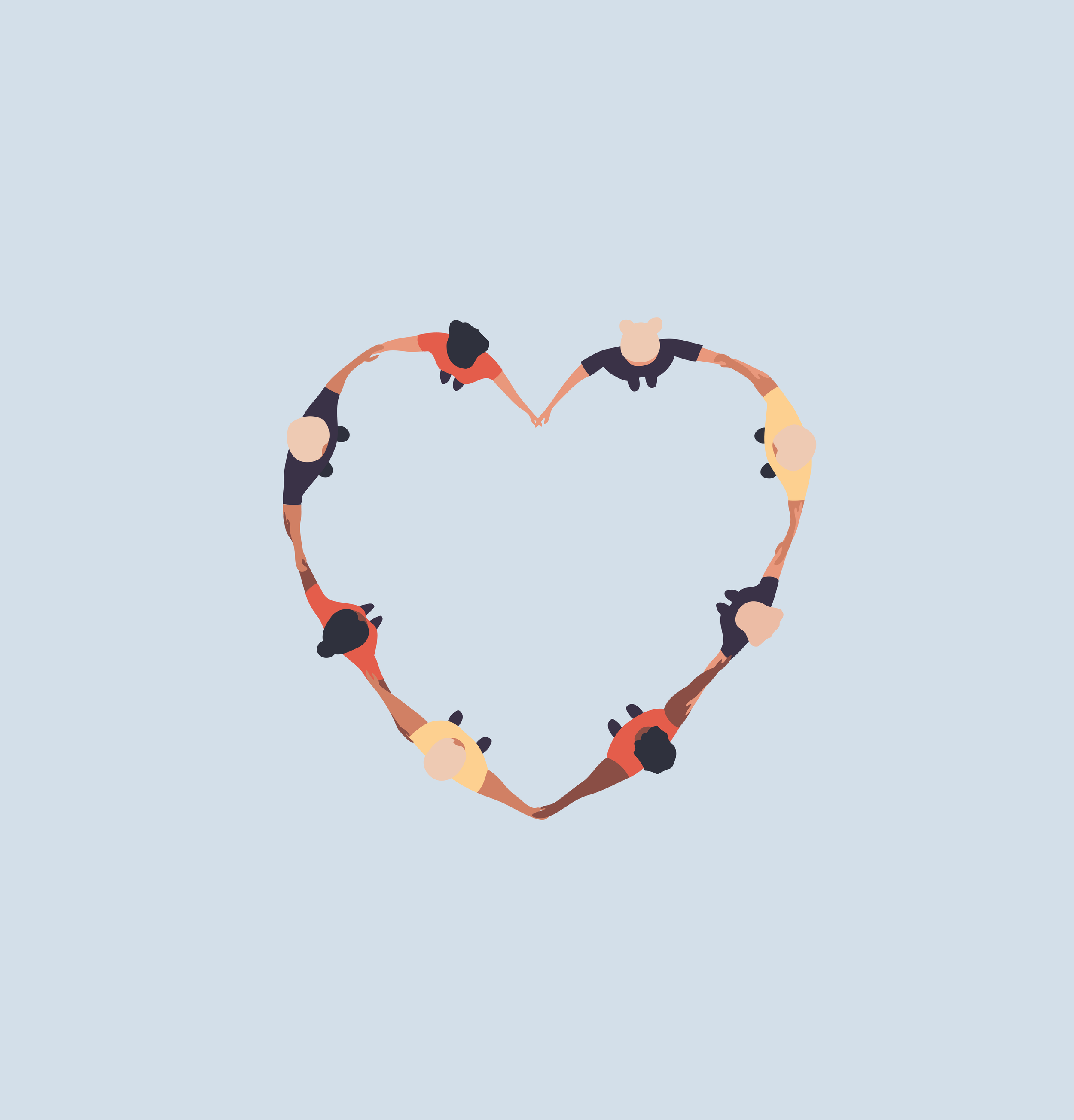 Illustration of people holding hands to form a heart shape against a light blue background.