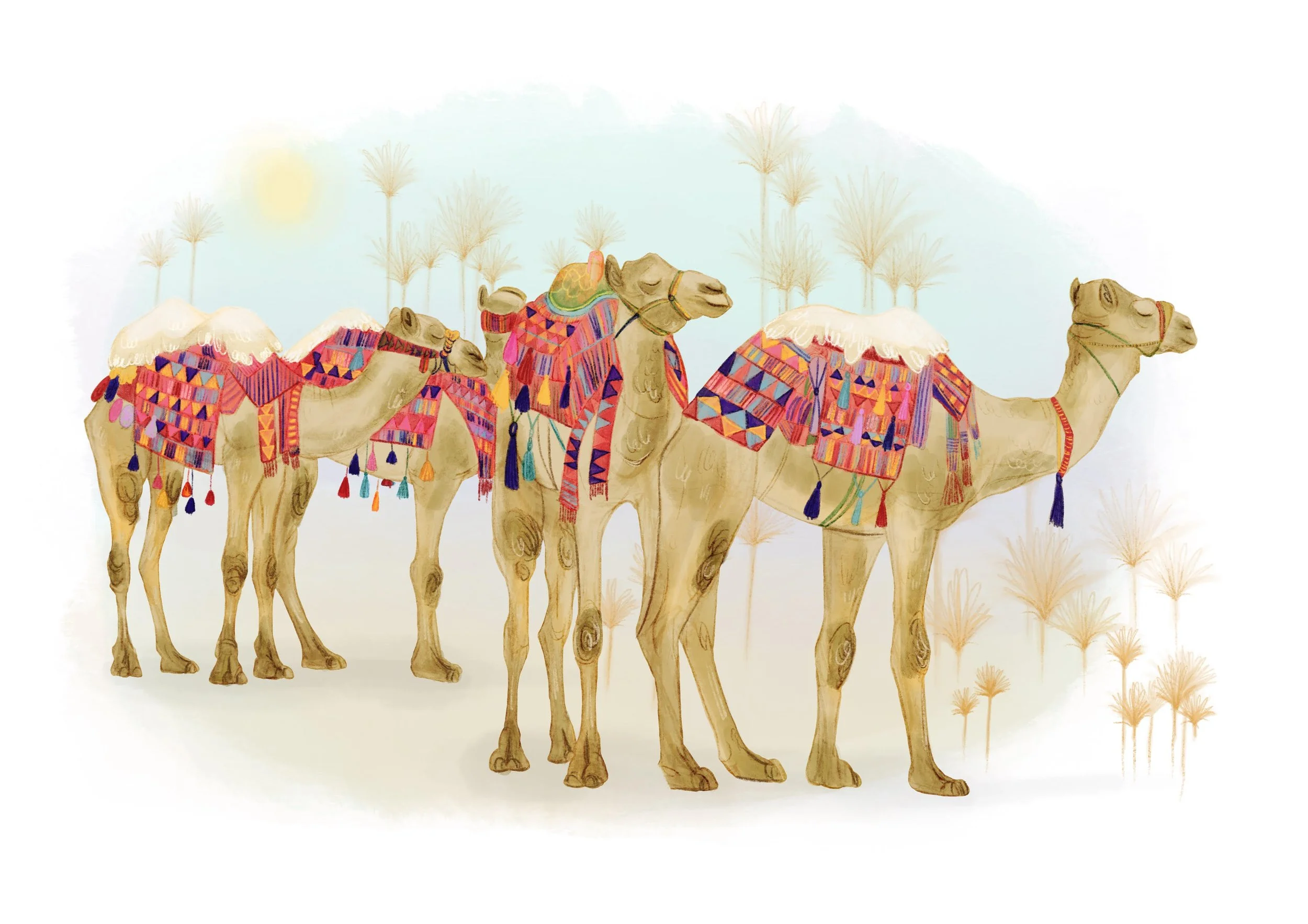 Four camels decorated with colorful, patterned blankets and tassels, walking in a desert landscape with sparse trees and a light sky.