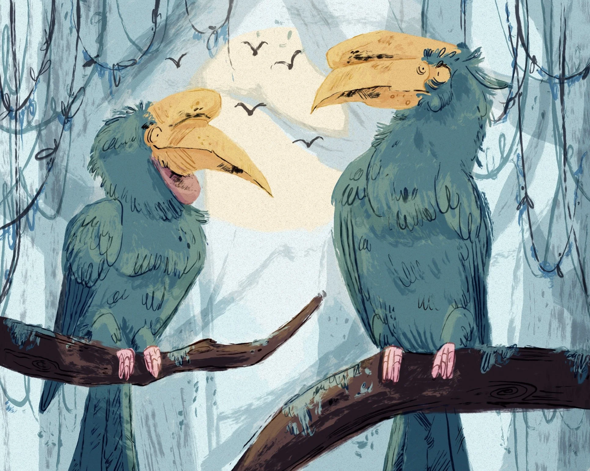 Two blue exotic parrots sitting in a spooky swamp by the moonlight.