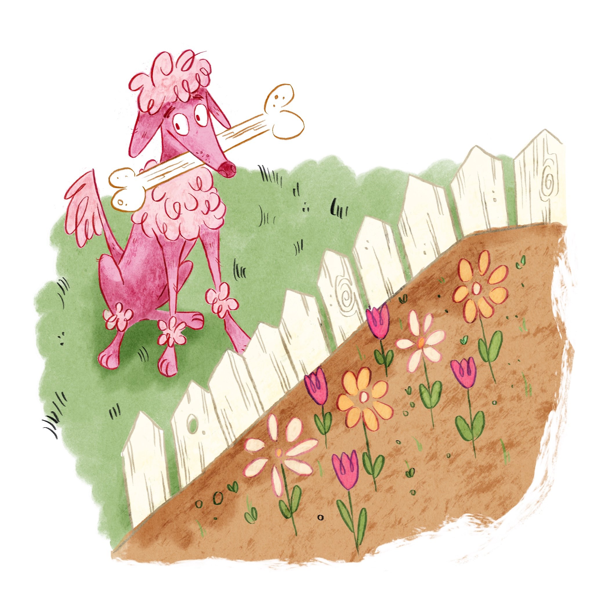 Colorful illustration of a pink dog with curly hair next to garden flowers with bright petals, in a sunny outdoor setting with a white picket fence in the background.