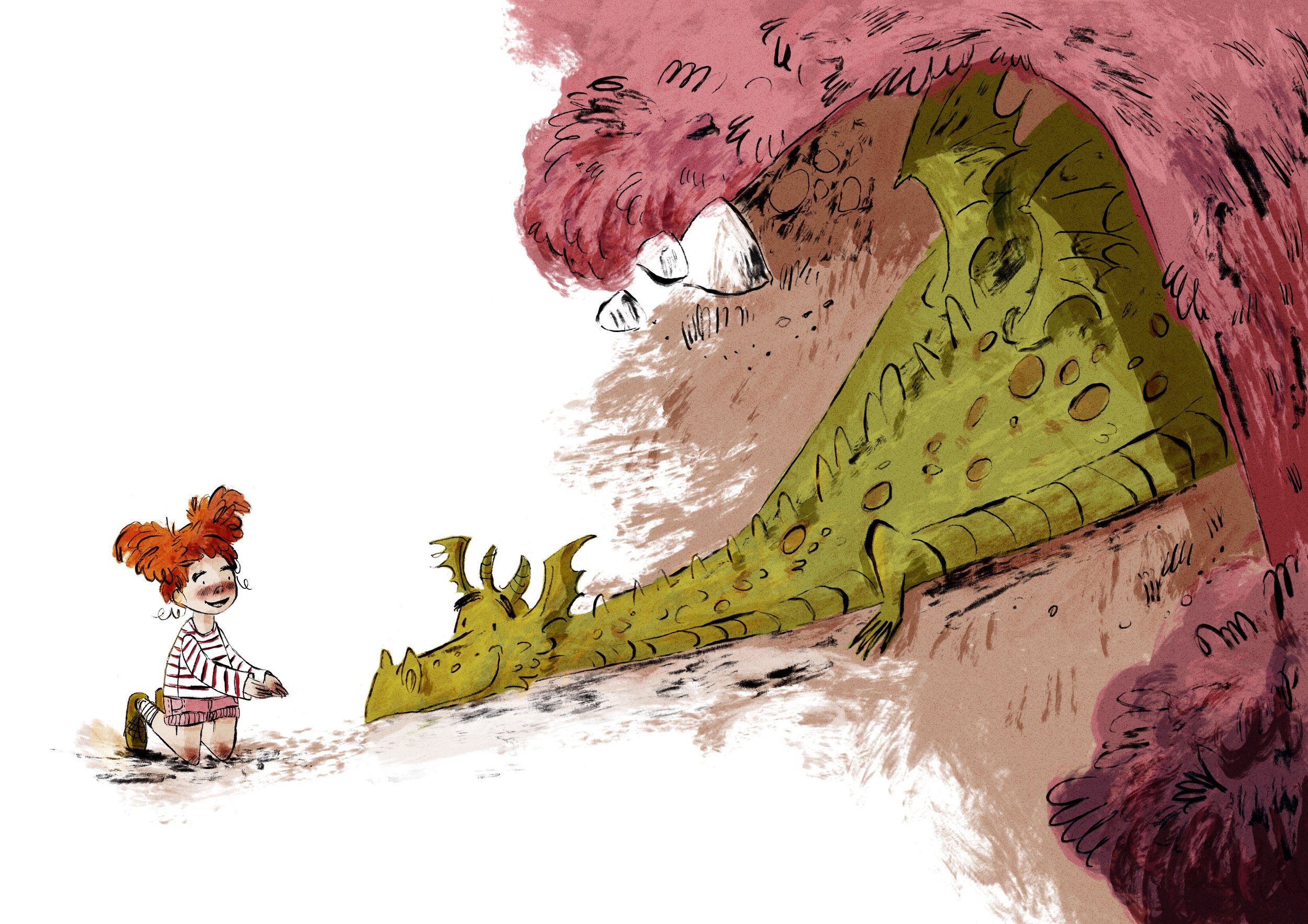 Girl and dragon becoming friends illustration for children's book.