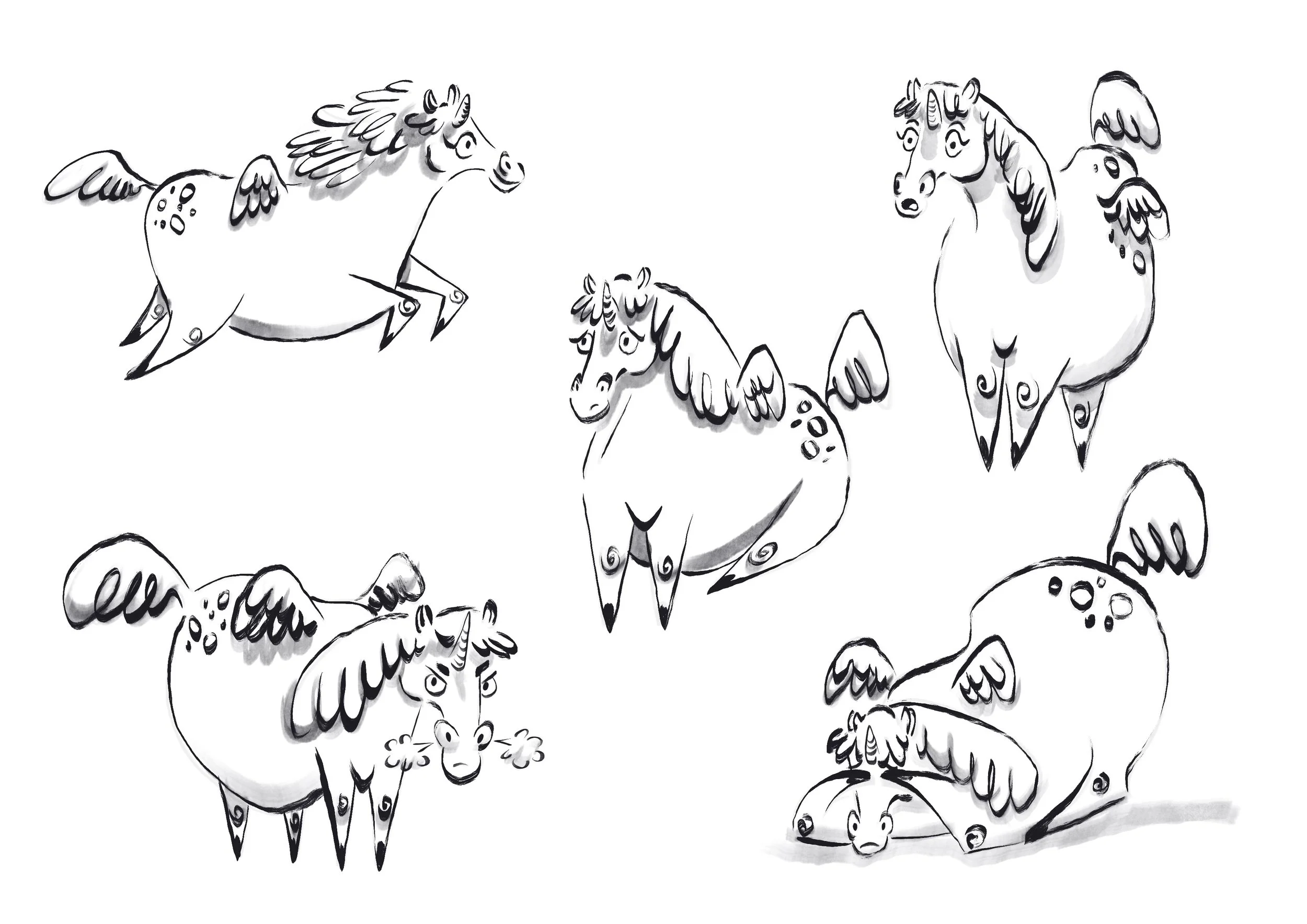 Six cartoon unicorns with wings, in various playful poses, sketched in black and white.