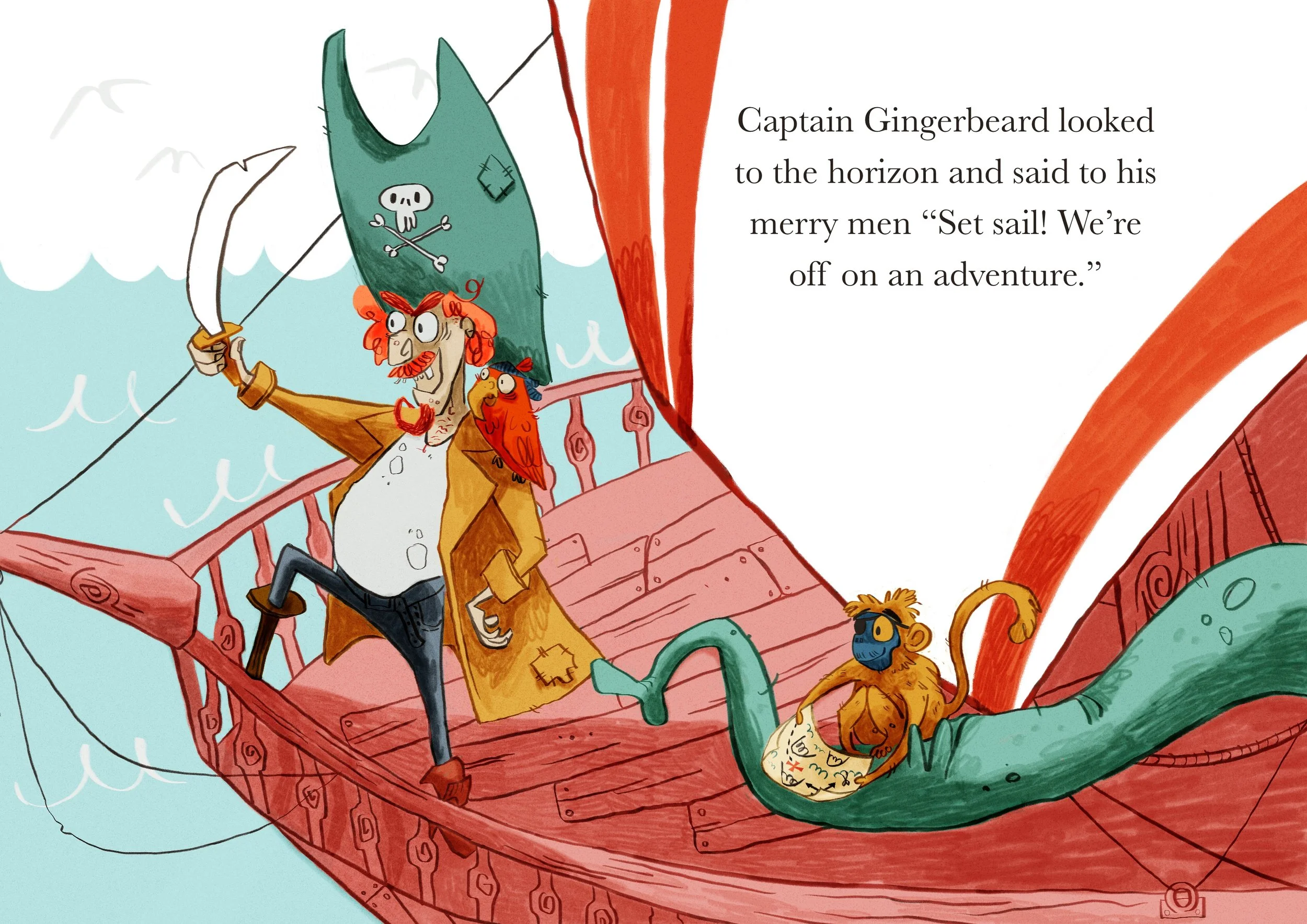Illustration of a pirate ship at sea with, a monkey reading a treasure map sitting on an elephant trunk , a man with red hair and a mustache holding a sword, and a green parrot with a skull and crossbones on his hat.