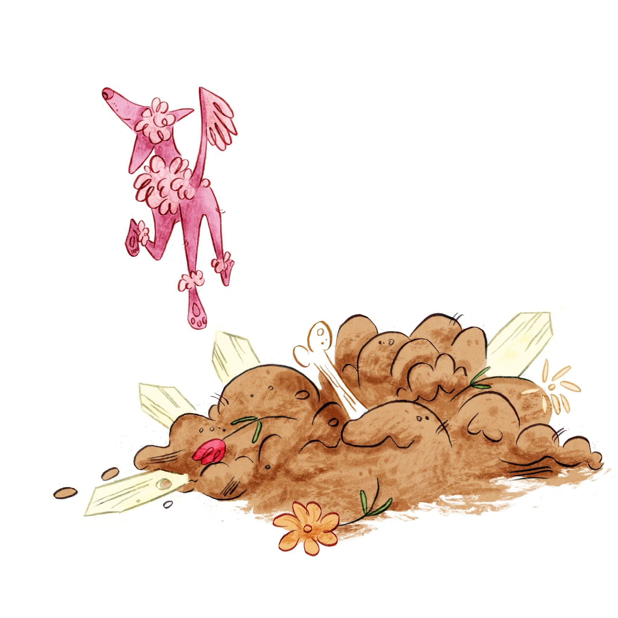 Children's literature illustration of a pink dog who has buried a bone