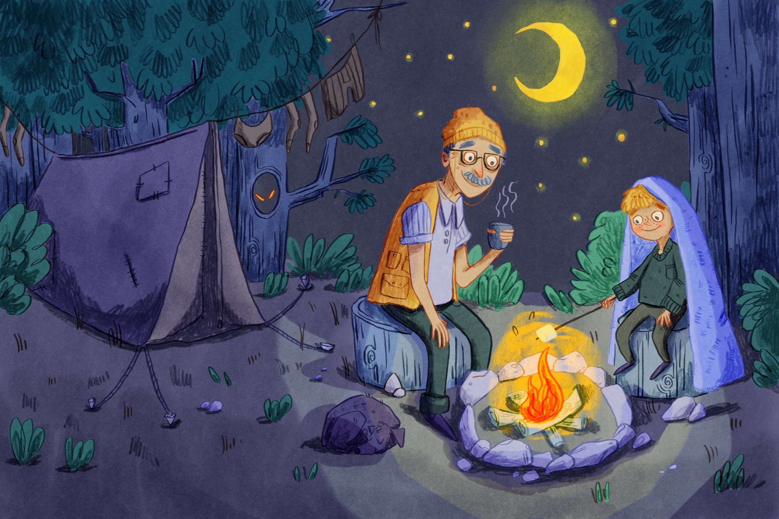 Picture book illustration of a grandfather and grandson sitting around a campfire at night in the forest