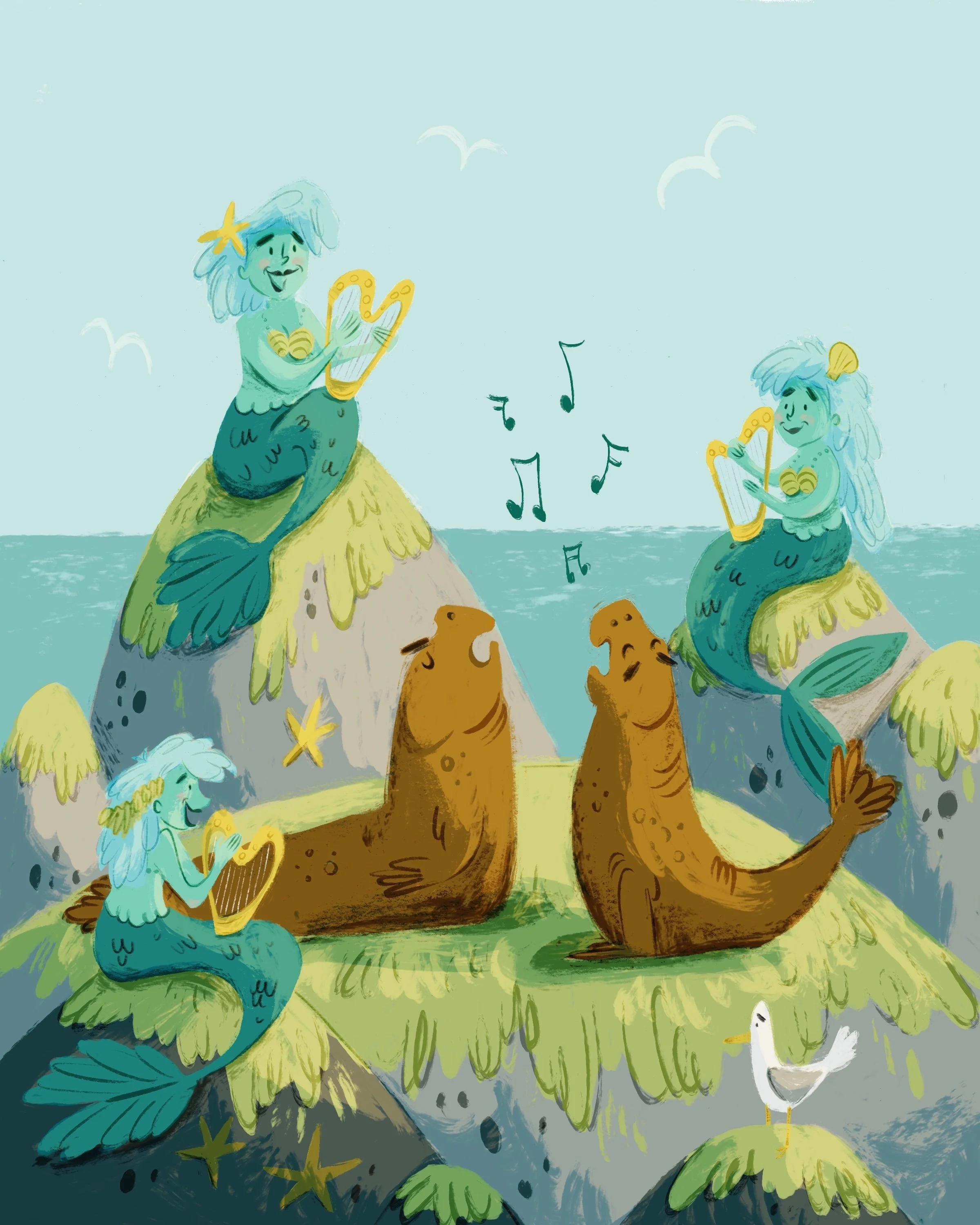 Three mermaids playing harps on rocks by the sea, with two sea lions and a seagull nearby, singing together. Illustration for children's books.