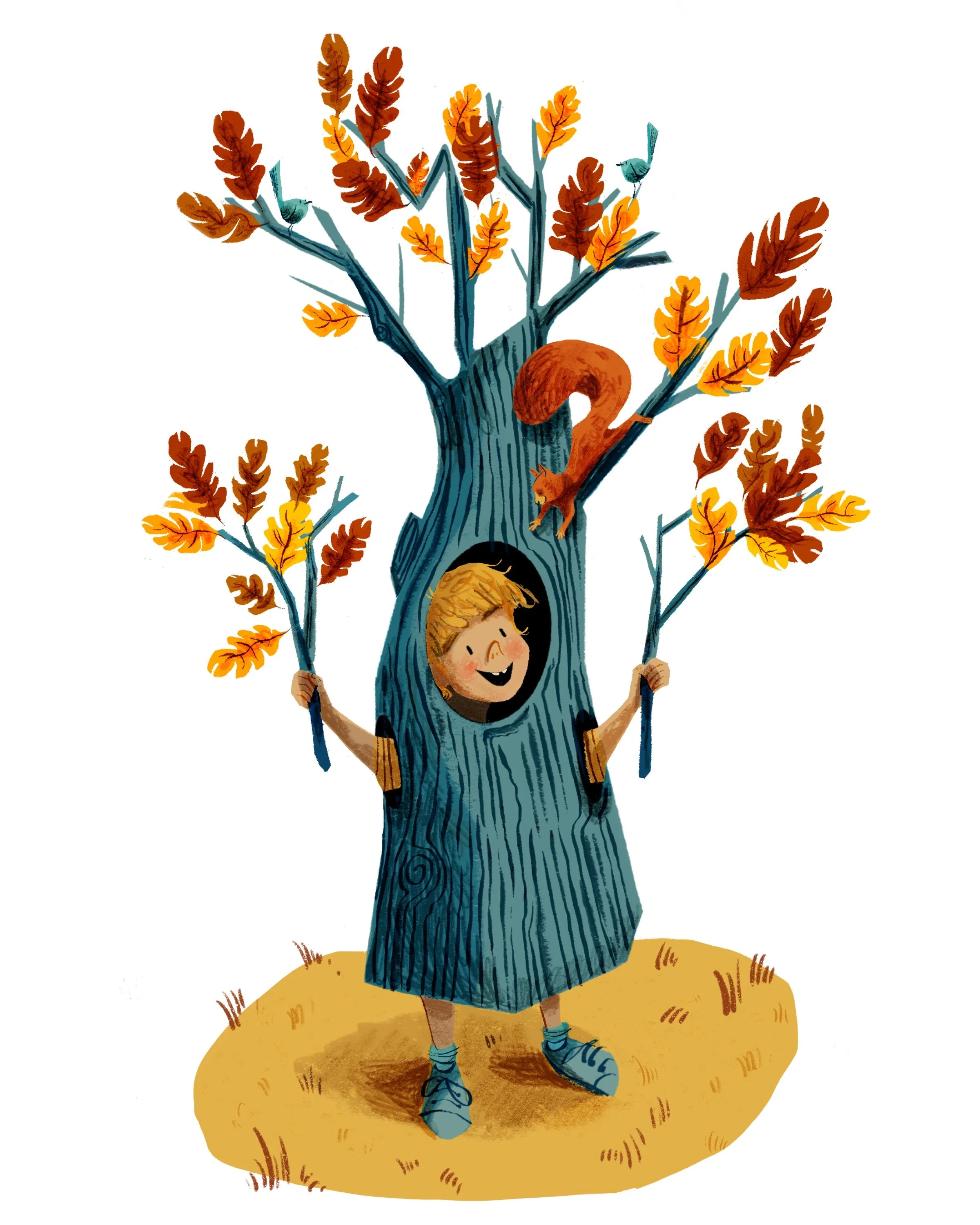 Children's book illustration of little boy dressed as a tree to attract a squirrel.