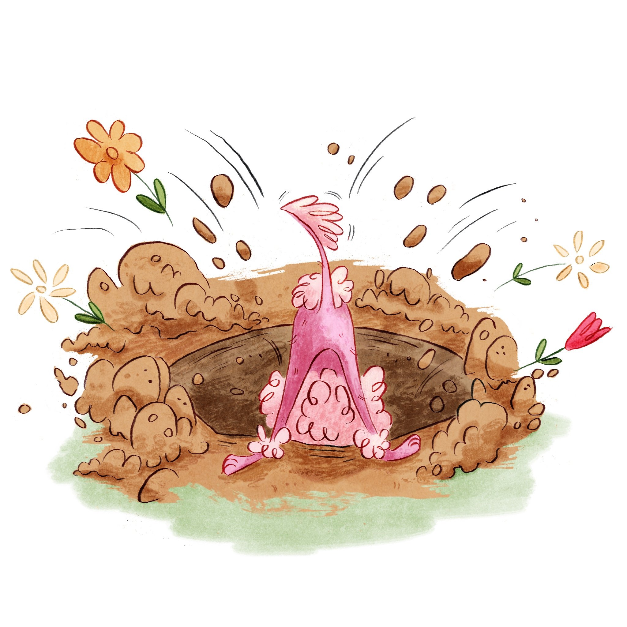Kid lit illustration of pink dog digging a hole