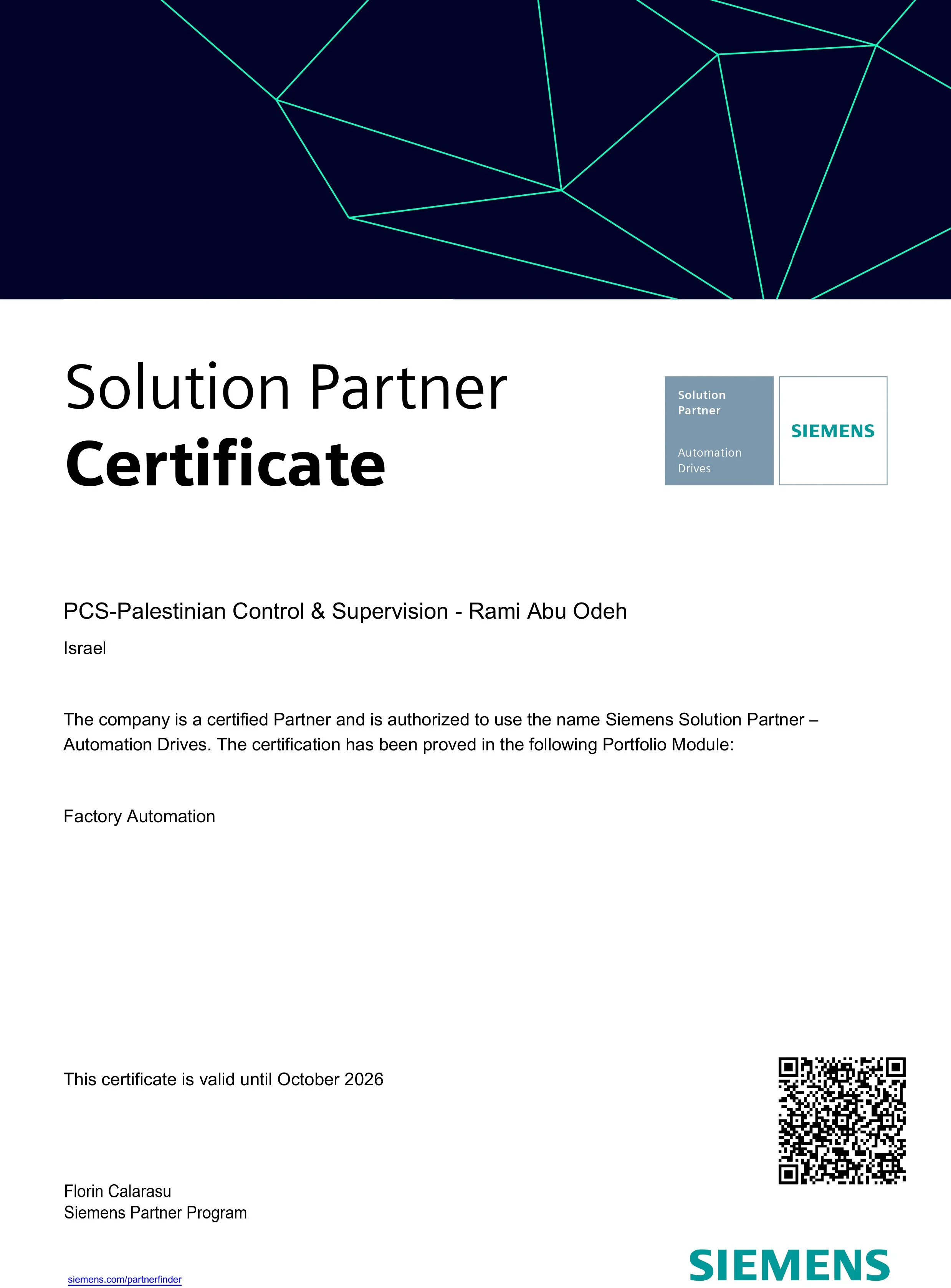 SIEMENS Solution Partner Certification 2026.