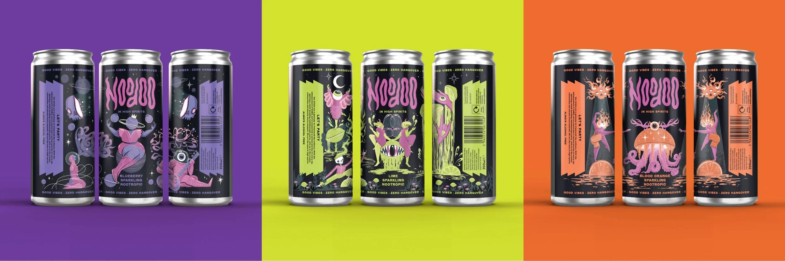 Three sets of colourful beverage cans, each with unique illustrations and flavours, displayed against vibrant purple, acid green, and bright orange backgrounds. Each design shows a different group of illustrated dancing fantasy characters. 