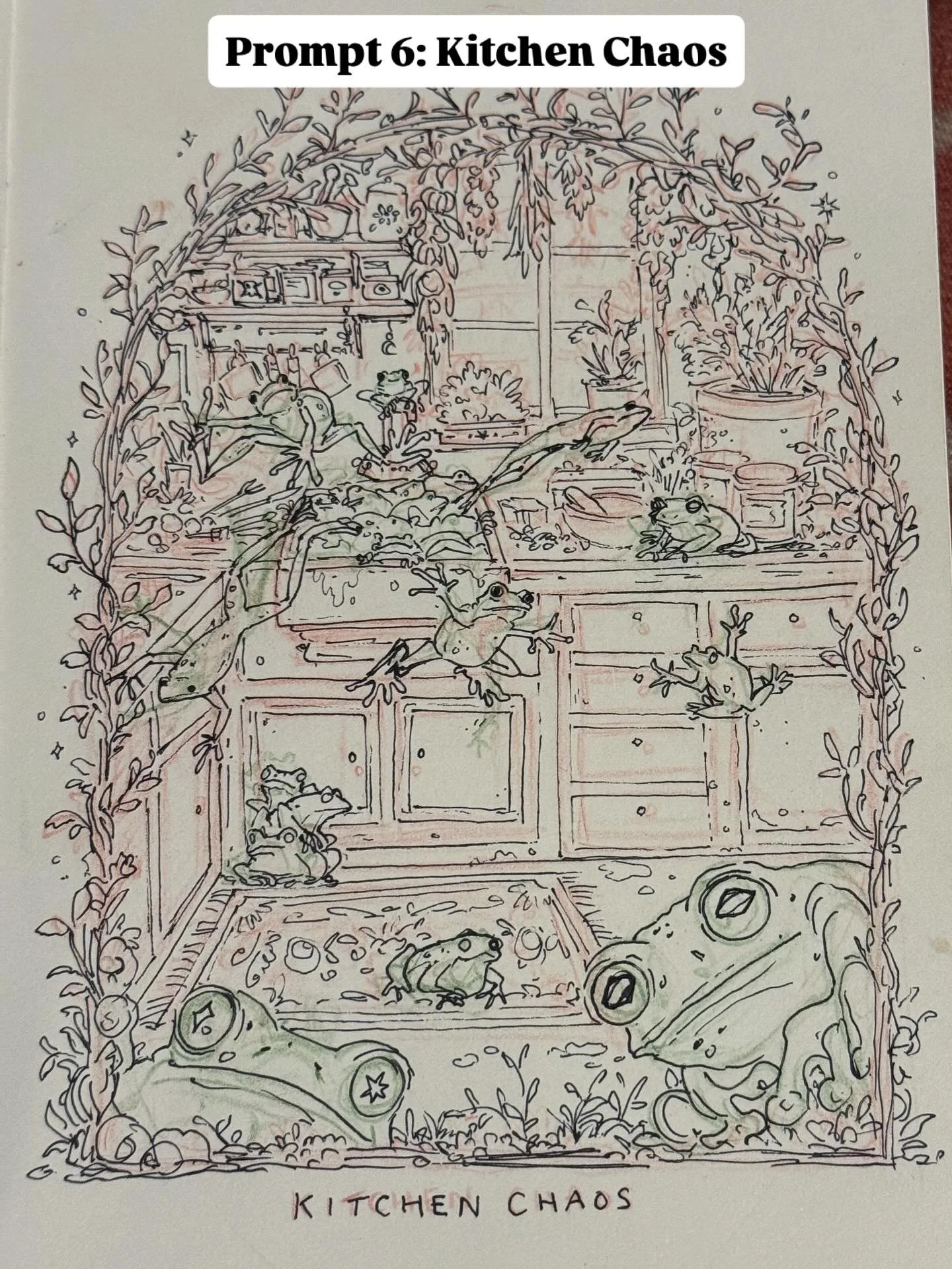 Prompt 6 of @inkygoodnesscollective #30DaysofSketch &lsquo;Kitchen Chaos&rsquo;. I&rsquo;ve retreated back to fineliners and whimsy as I&rsquo;m behind, I&rsquo;m tired all the time at the moment, and sometimes you just need to crawl back into your c