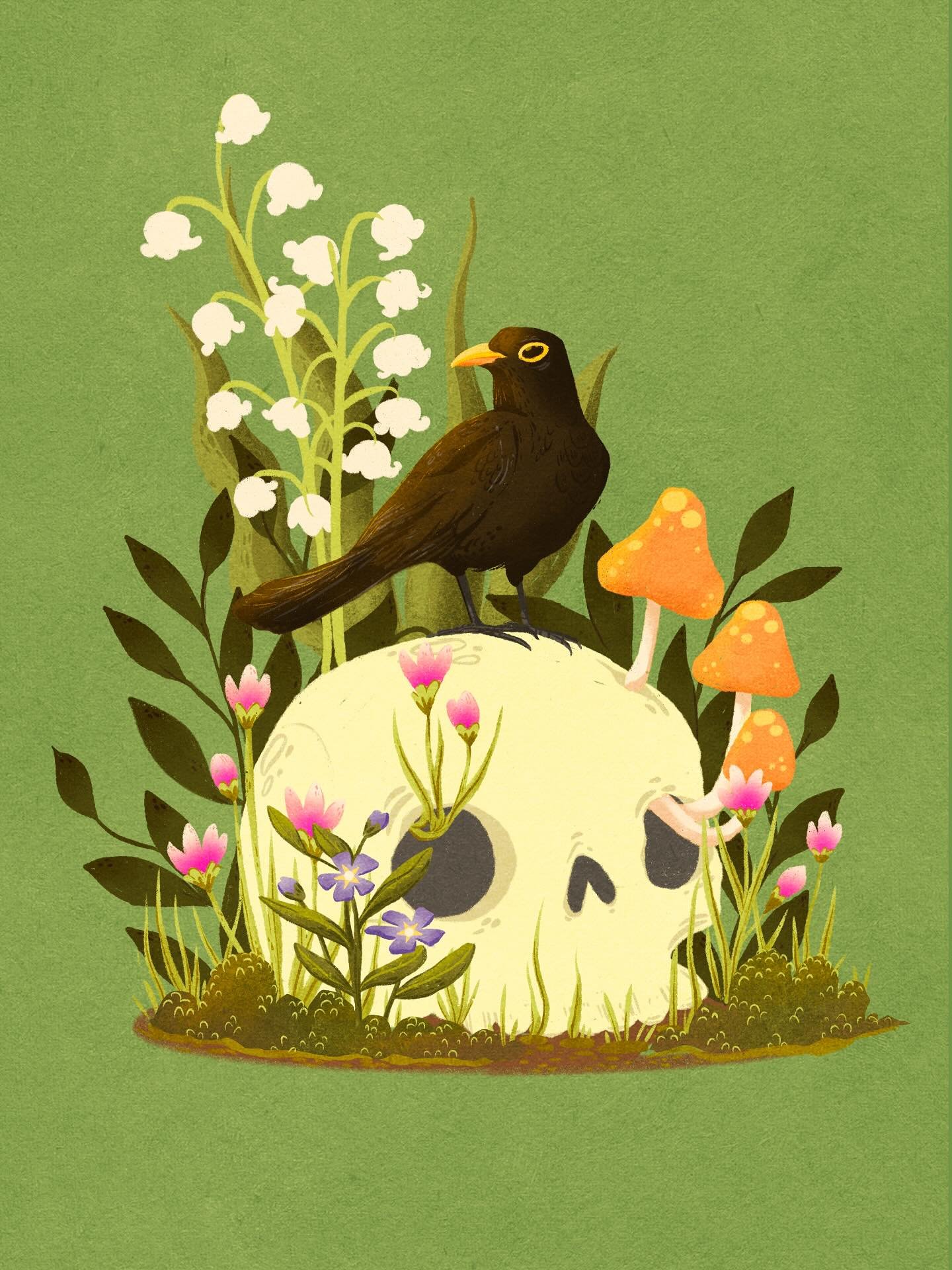 Repost of an older illustration for a merch course. Simpler but I still love the bird and the colours. Black birds have become a bit of a drawing obsession since then. 

#artrepost #oldartwork #repostart #springillustration #regrowth