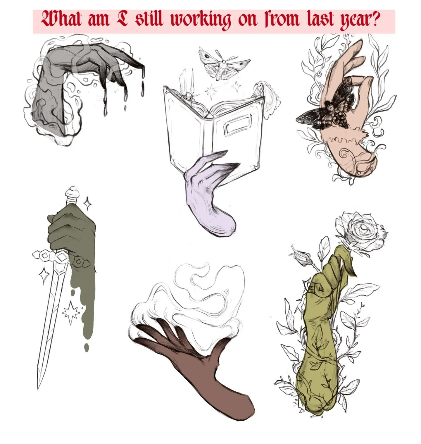 The end of last year felt like such a blur. I started these witchy hands (with the plan to maybe turn them into stickers or maybe just to enjoy drawing a bunch of hands again) and this goddess series, and didn&rsquo;t get a chance to finish them so h