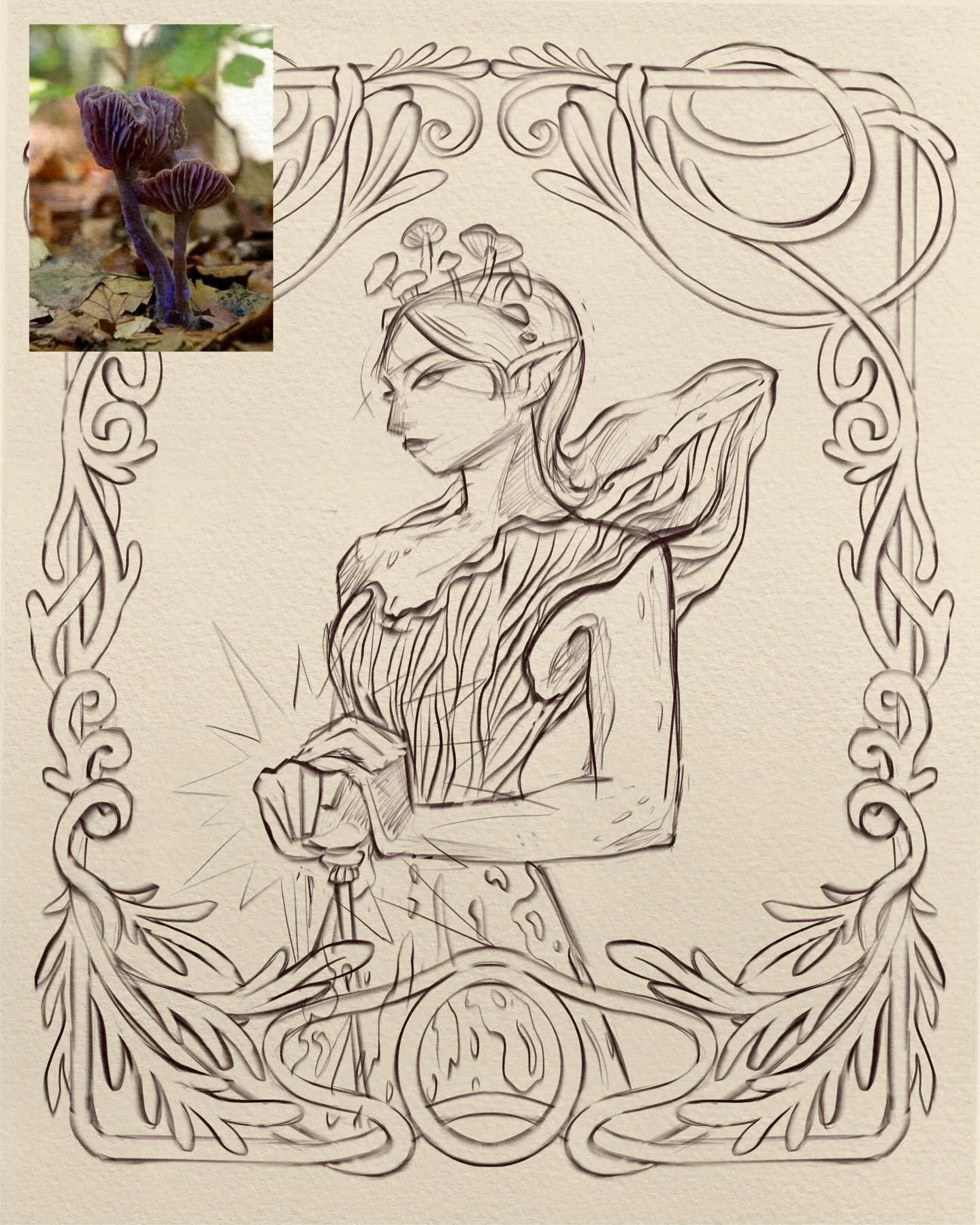 Amethyst Deceiver #funguary prompt - such a dramatic name needed a dramatic character. Slowly progressing with character work - practise and study and more practise. Also really enjoying a bit of decorative border these days!