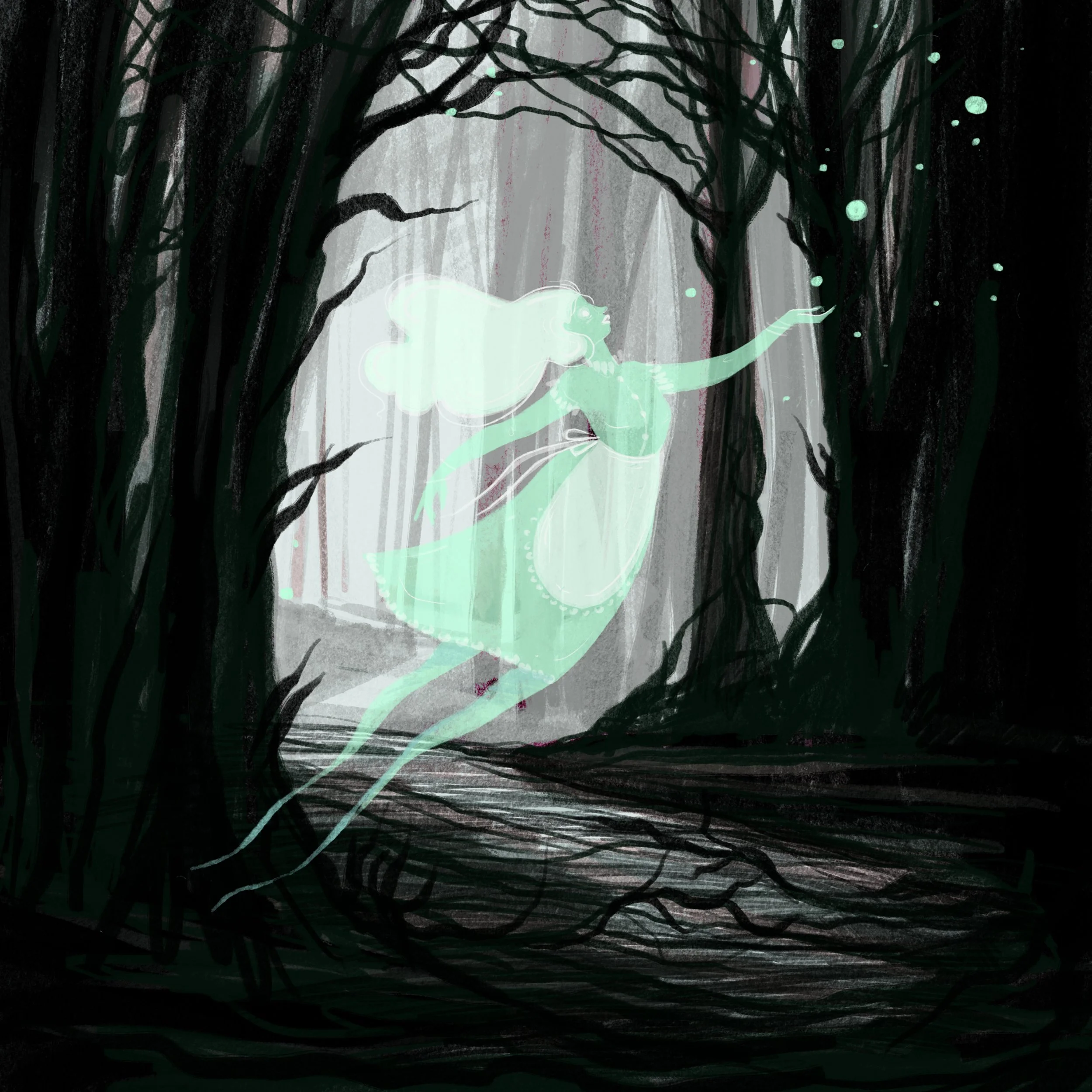 A glowing, translucent spirit with long flowing hair and a flowing dress with an apron, floating in a dark, eerie forest with twisted trees and a misty background.