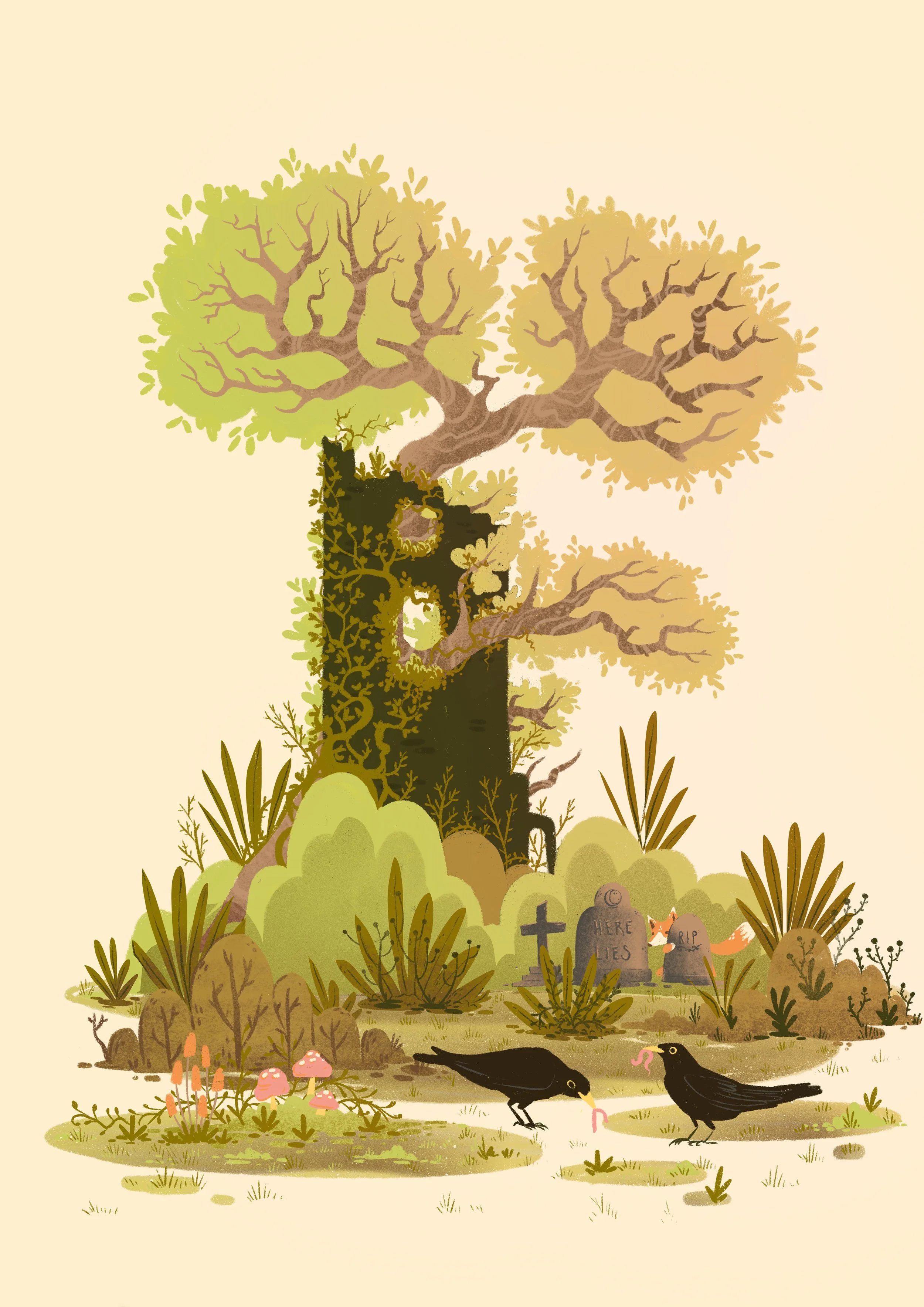 Illustration of a large old tree growing from old ruins, surrounded by mushrooms, bushes, and a couple of gravestones, while two black crows peck at the ground, and a fox peeks from behind the bushes.