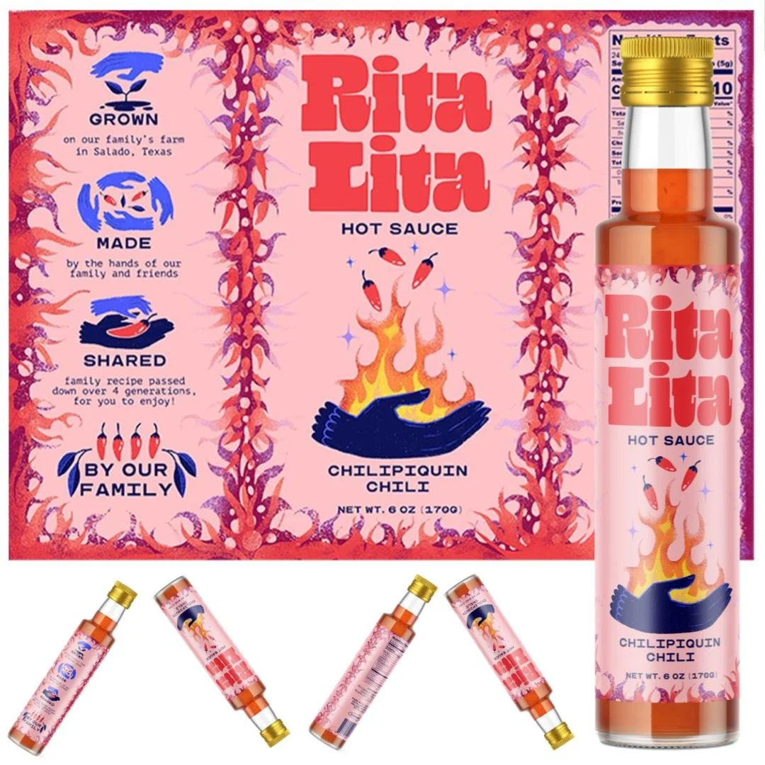 Packaging for Rita Lita hot sauce with a pink background, red chili graphics, and a navy blue hand holding flames. The label includes the words "Grown," "Made," "Shared," "By Our Family," and "ChiliPiquin Chili." Four small hot sauce bottles are show